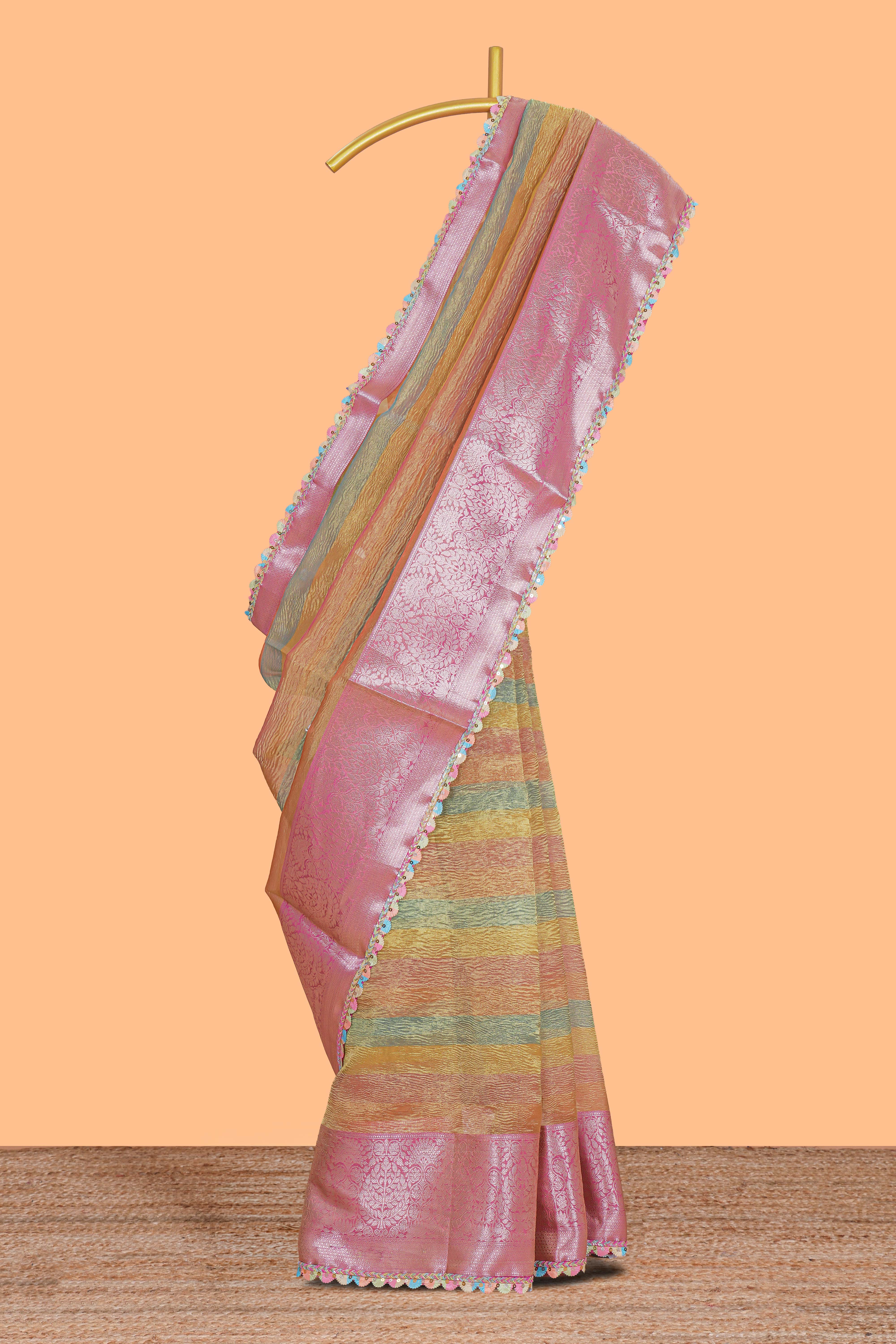 Multi color crush art tissue saree with contrast scallop design border and matching zari blouse