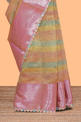 Multi color crush art tissue saree with contrast scallop design border and matching zari blouse