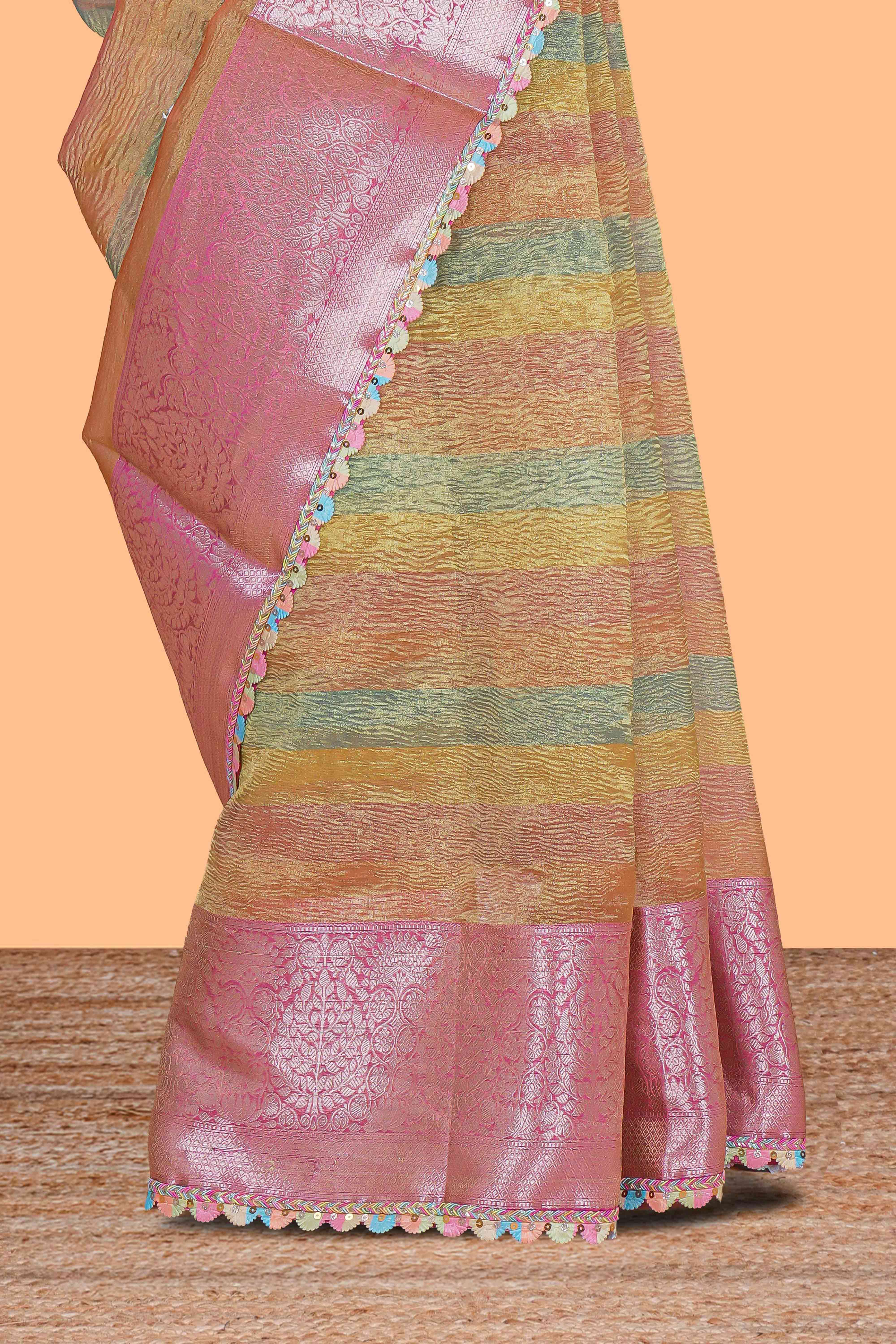 Multi color crush art tissue saree with contrast scallop design border and matching zari blouse
