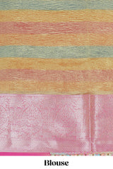 Multi color crush art tissue saree with contrast scallop design border and matching zari blouse
