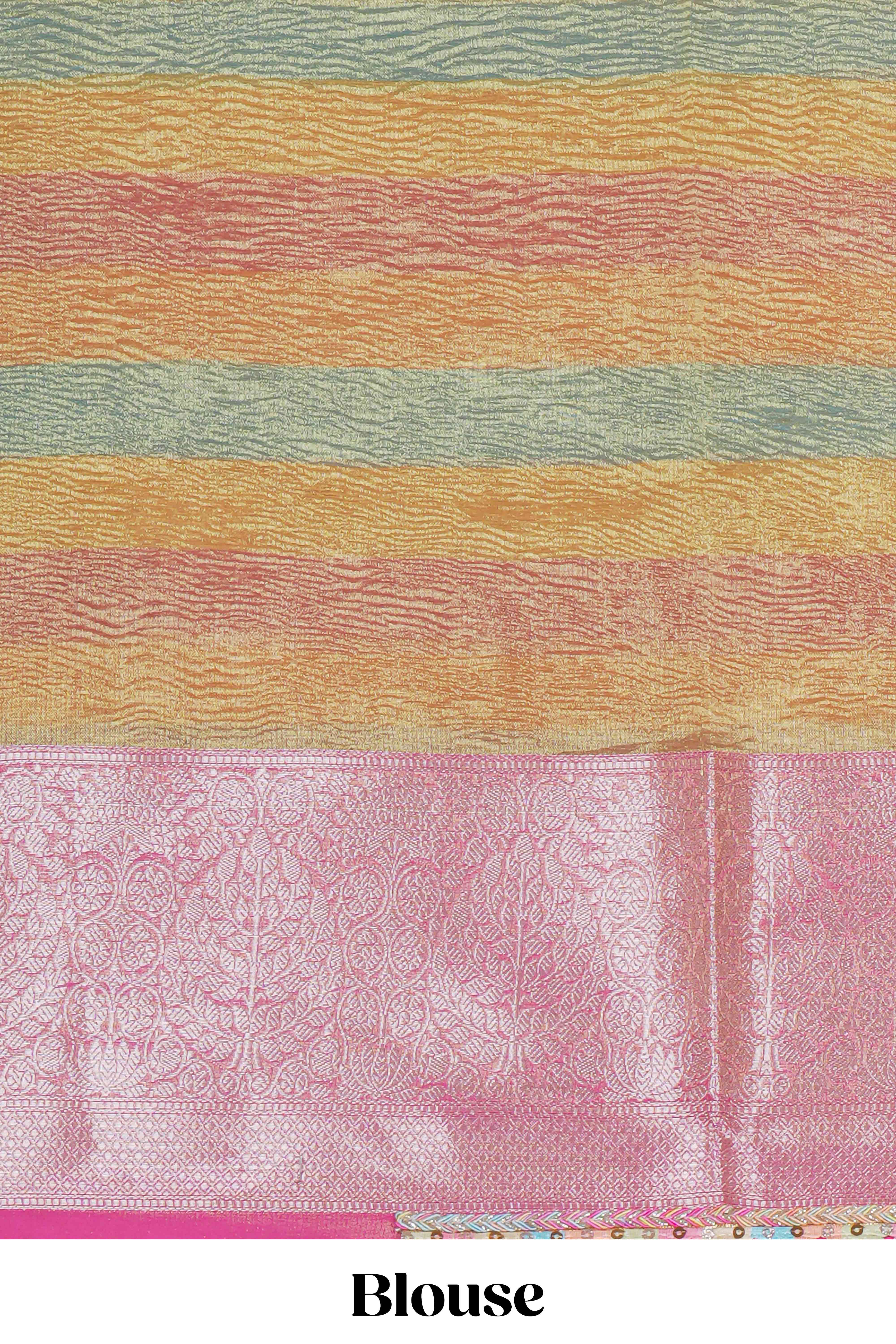 Multi color crush art tissue saree with contrast scallop design border and matching zari blouse