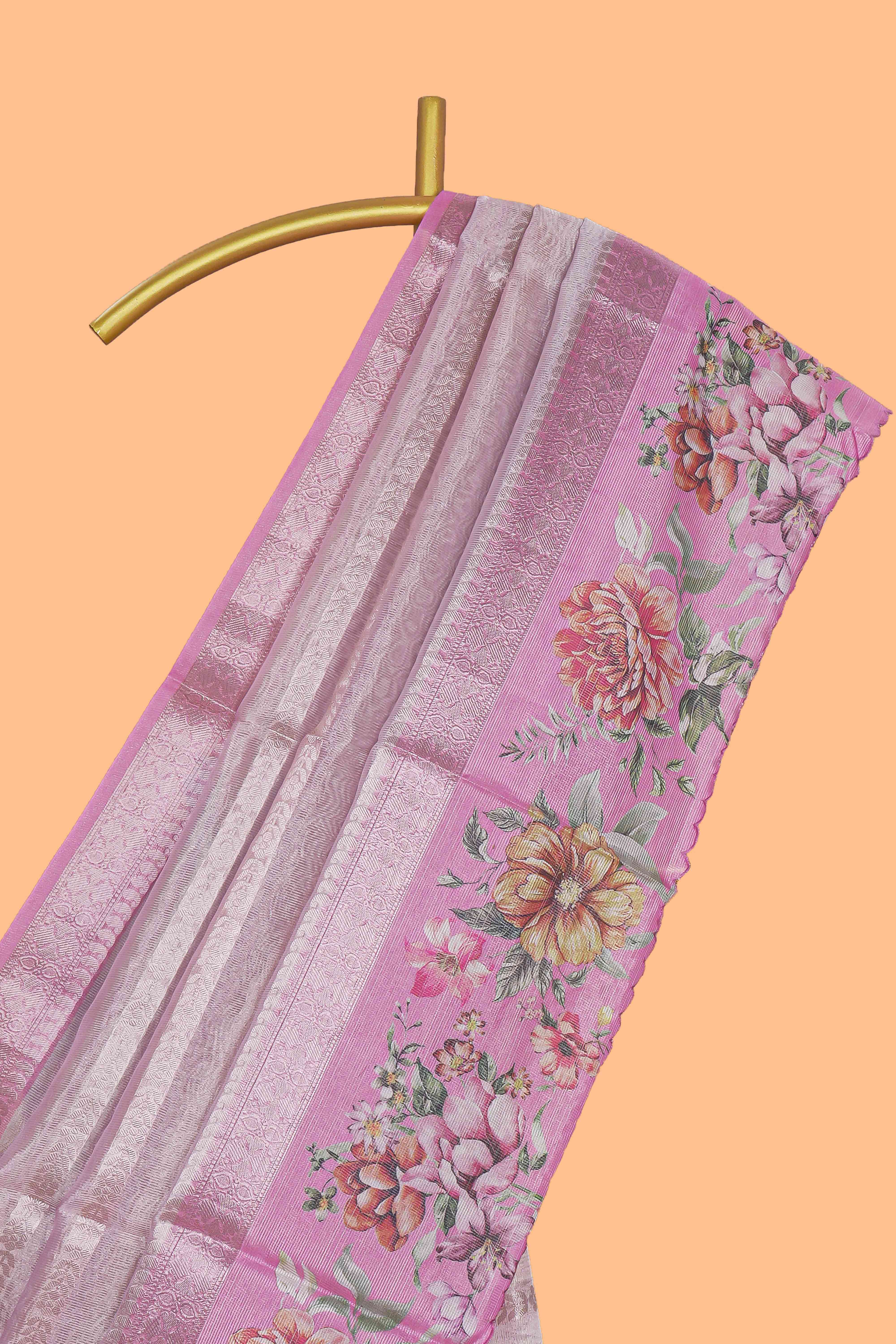 Pink striped design crush tissue saree with contrast floral border and matching blouse