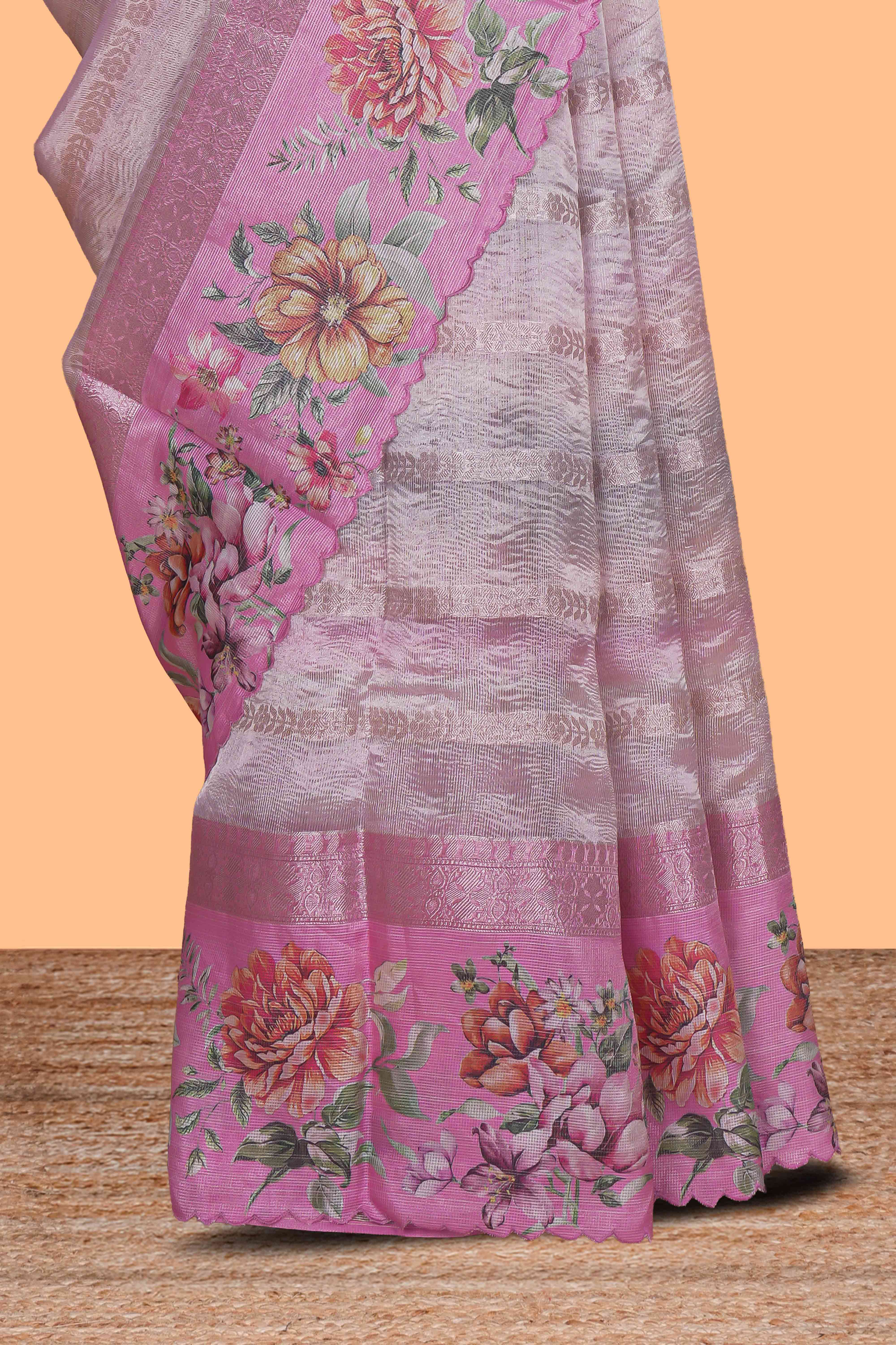 Pink striped design crush tissue saree with contrast floral border and matching blouse
