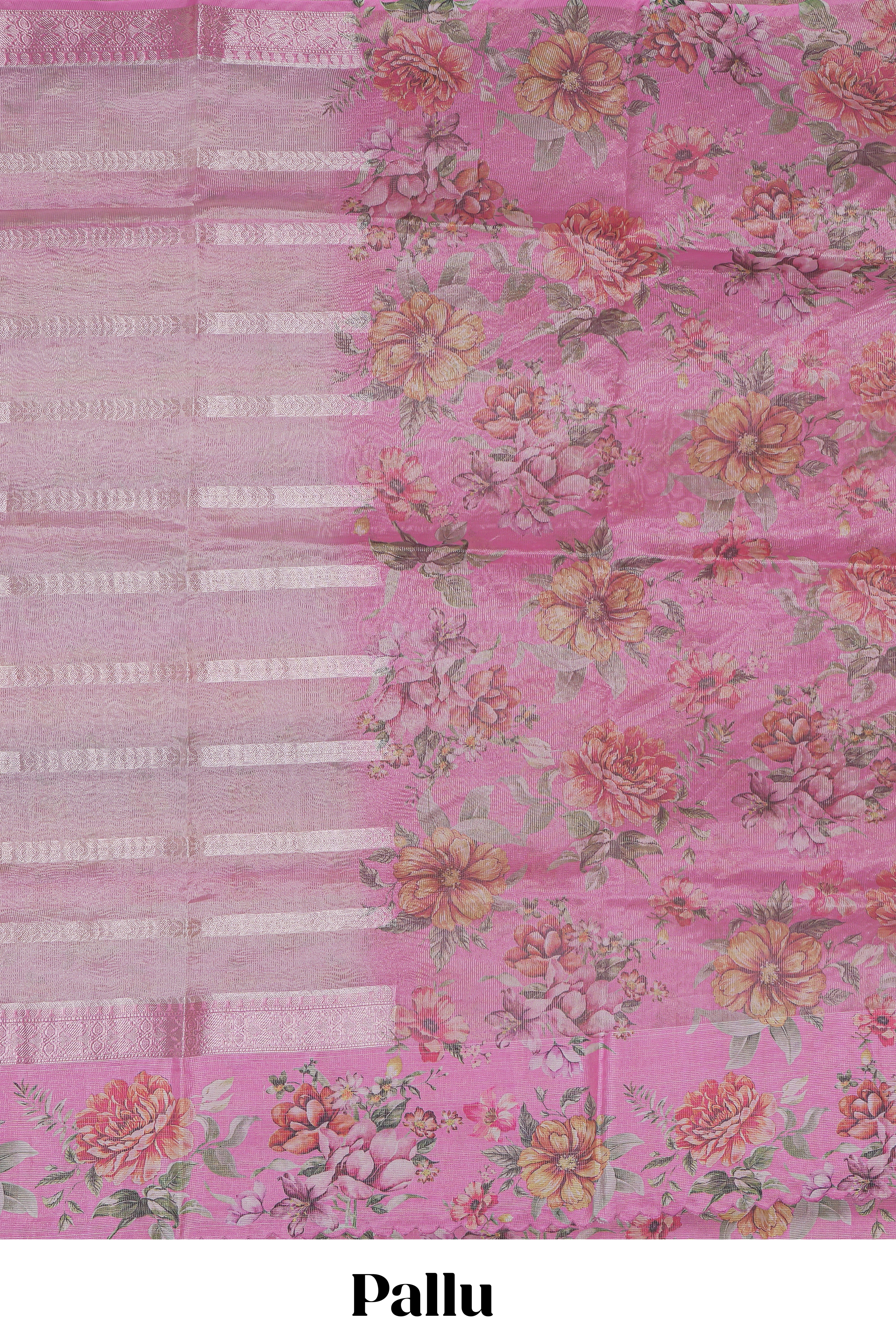 Pink striped design crush tissue saree with contrast floral border and matching blouse