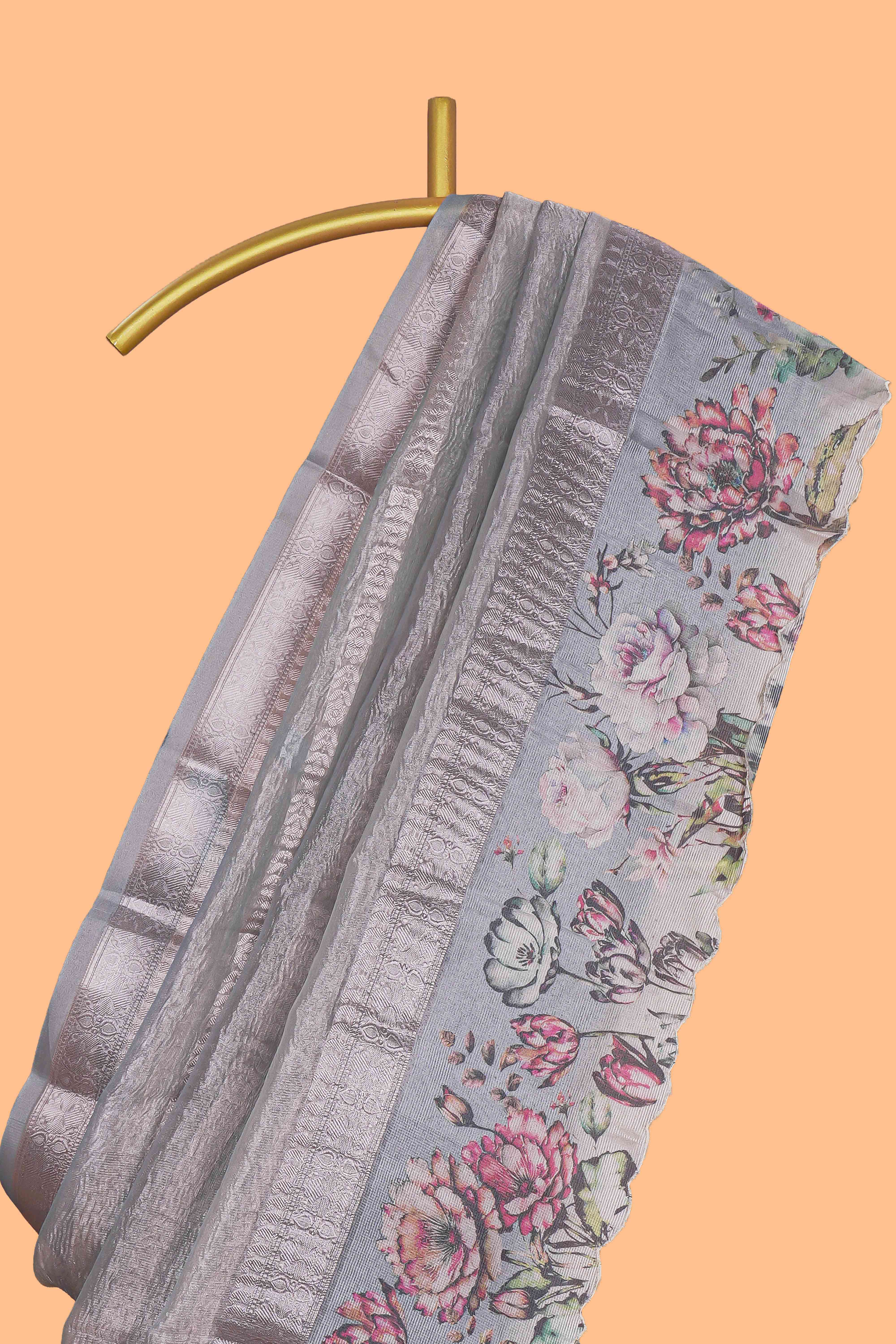 Grey striped design crush tissue saree with contrast floral border and matching blouse