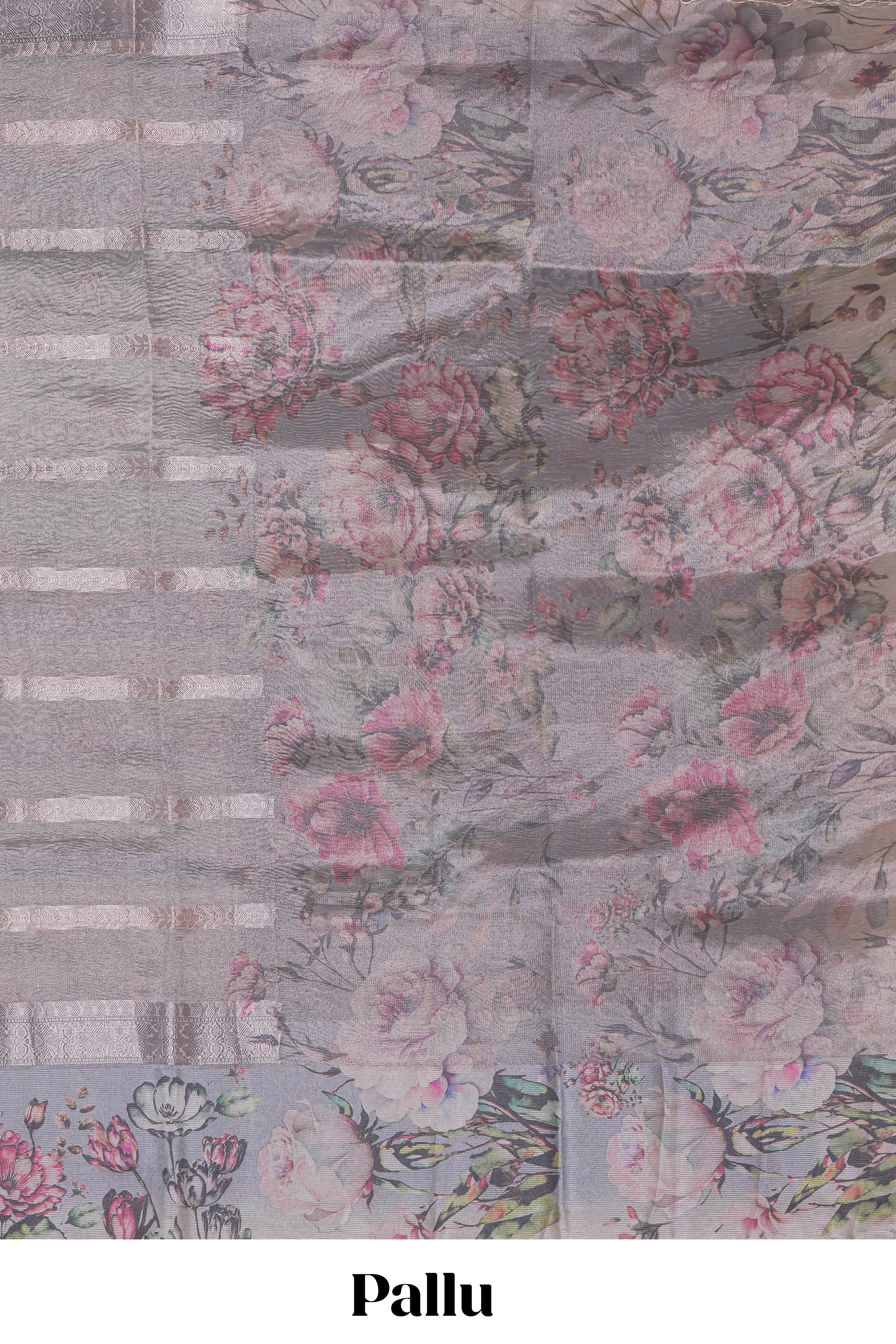 Grey striped design crush tissue saree with contrast floral border and matching blouse