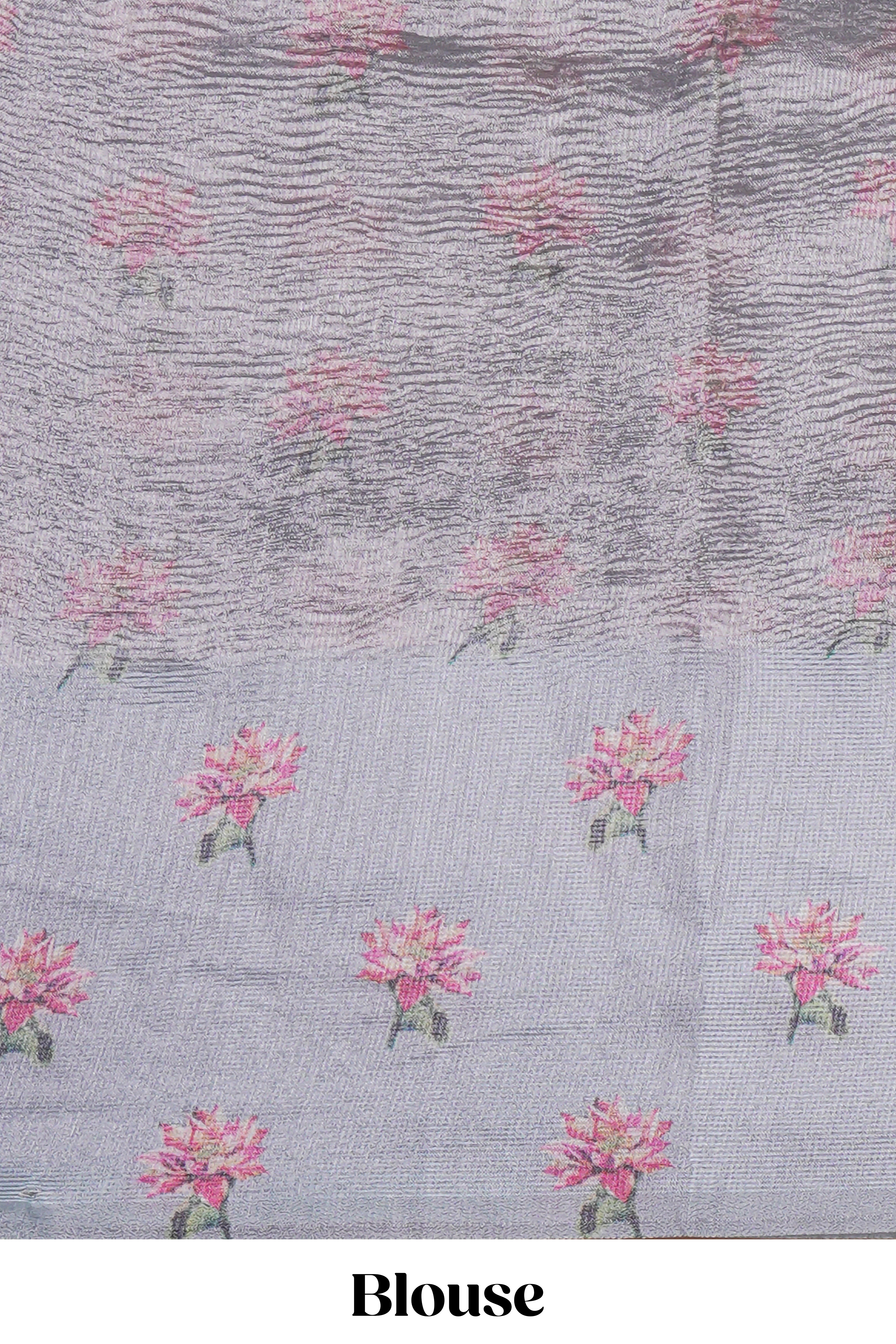Grey striped design crush tissue saree with contrast floral border and matching blouse