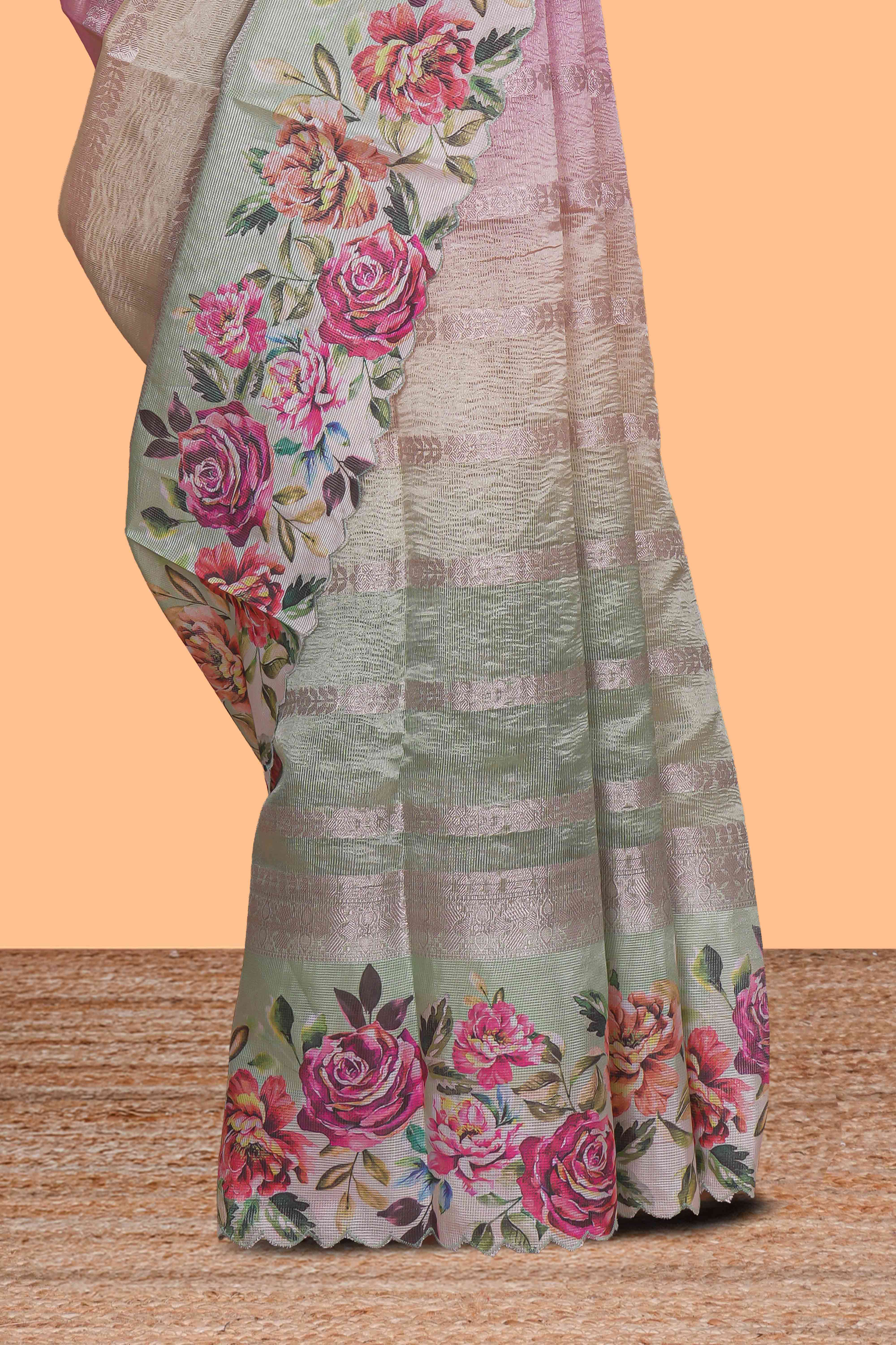 Green striped design crush tissue saree with contrast floral border and matching blouse