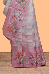 Peach striped design crush tissue saree with contrast floral border and matching blouse