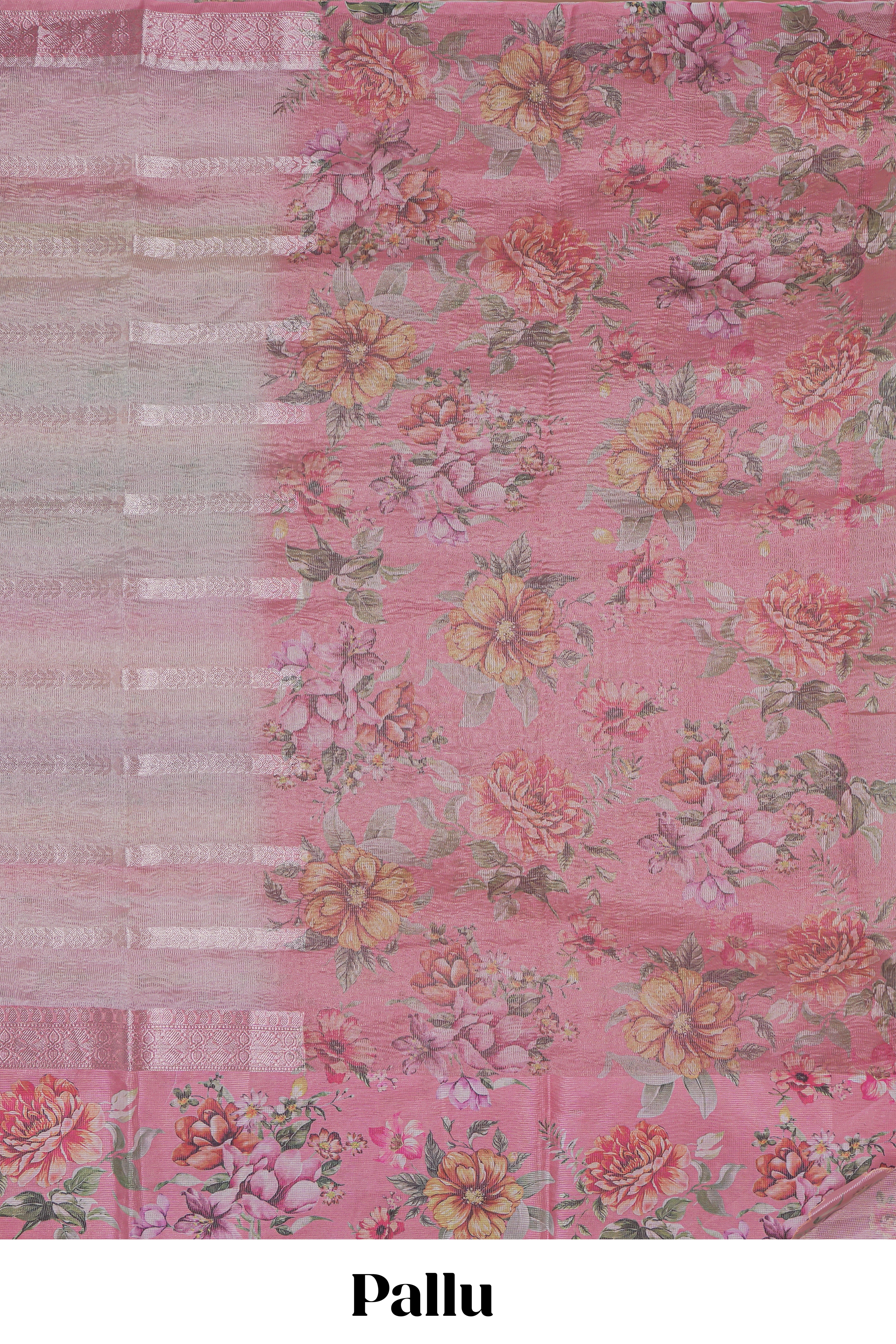 Peach striped design crush tissue saree with contrast floral border and matching blouse