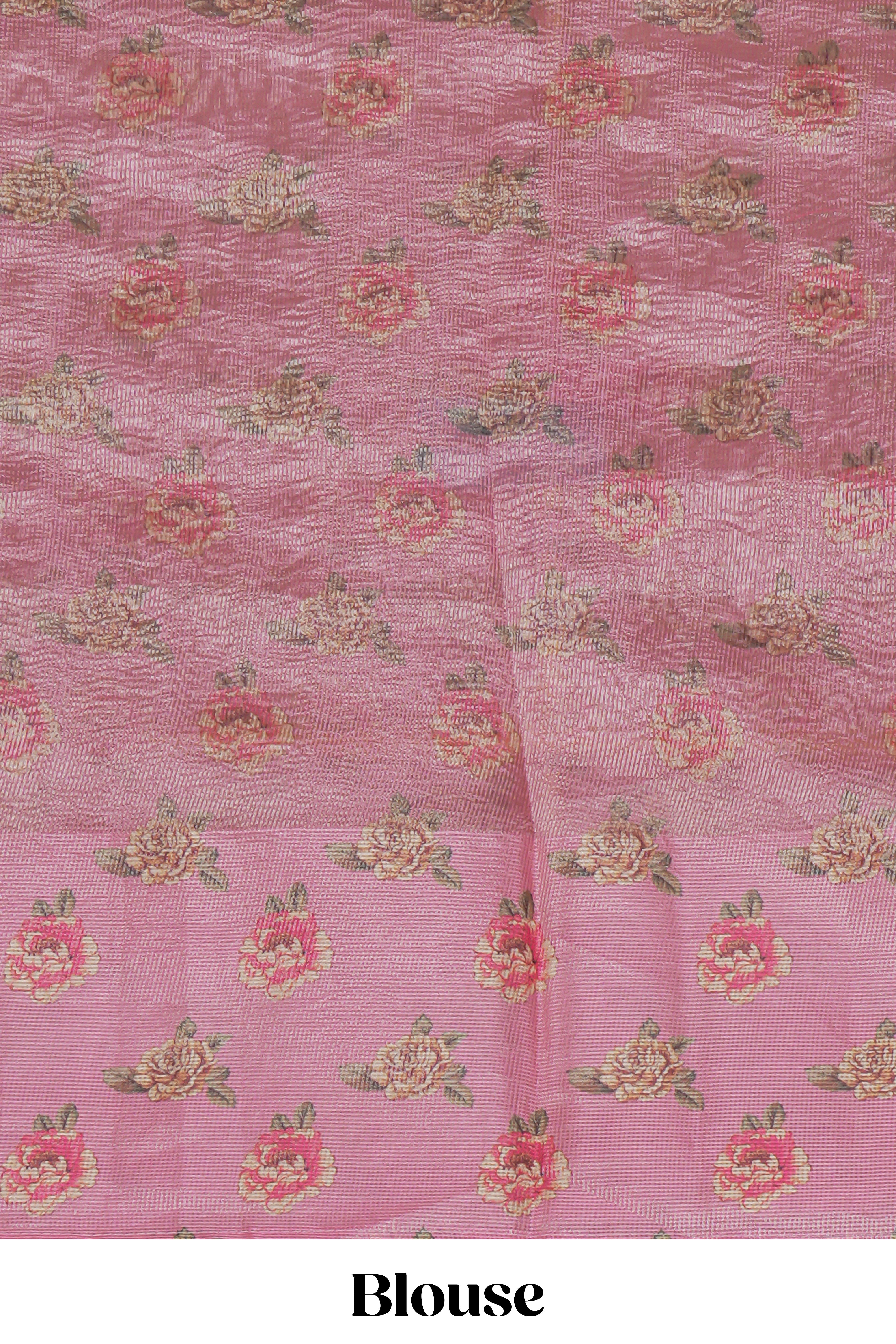 Peach striped design crush tissue saree with contrast floral border and matching blouse