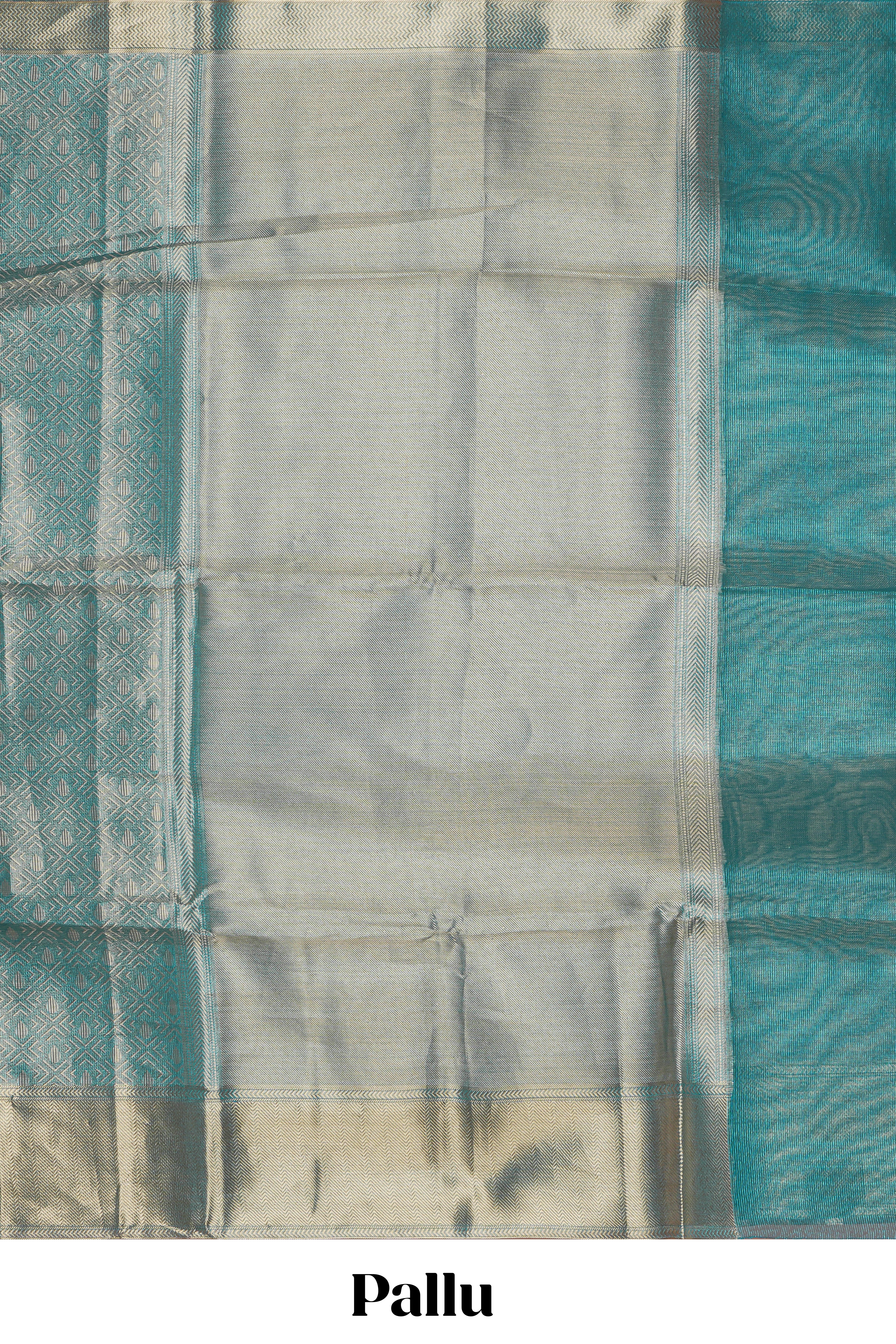 Teal blue geometric zari design art tissue saree with self zari border and matching blouse