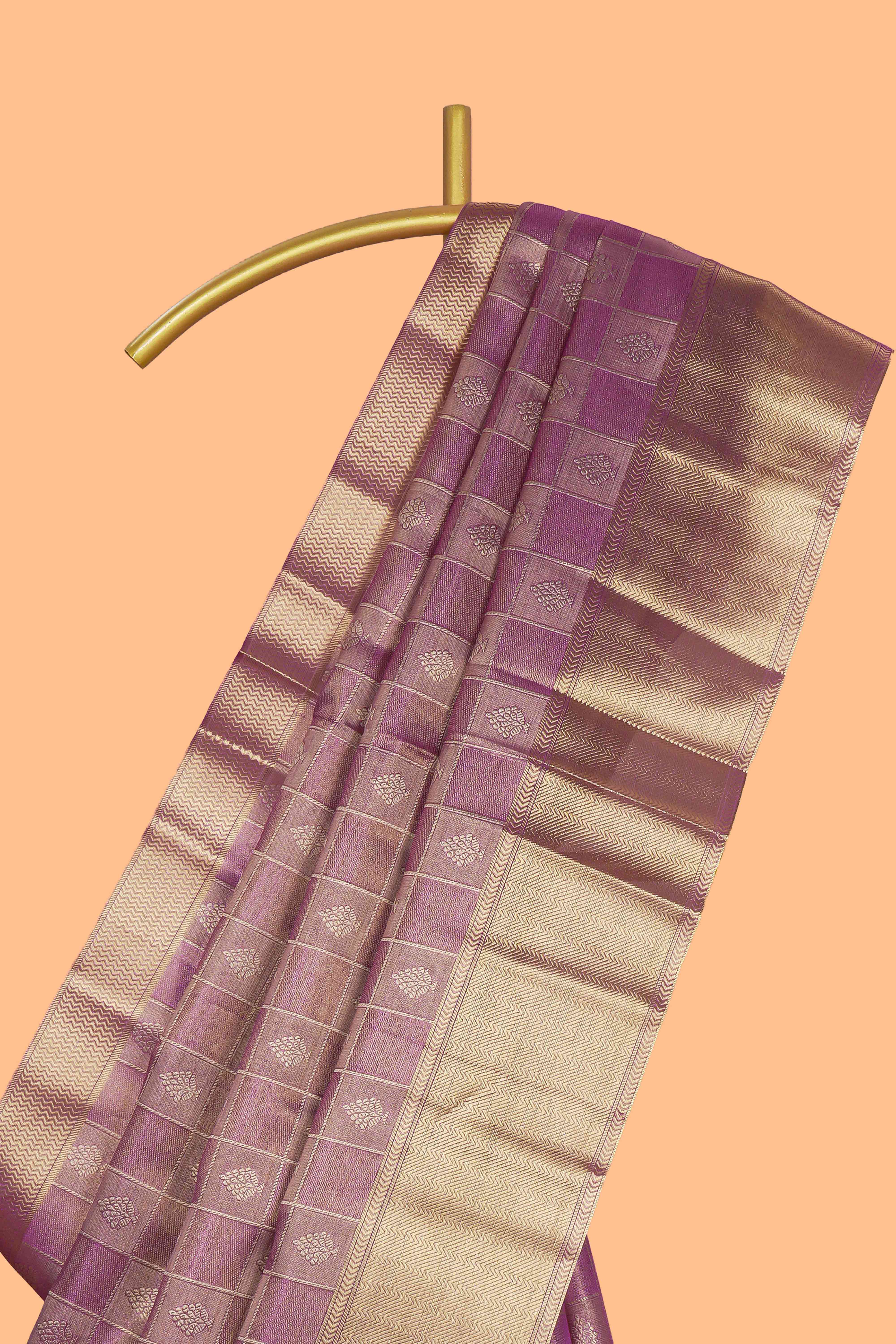 Magenta checked floral motifs design art tissue saree with self zari border and matching blouse