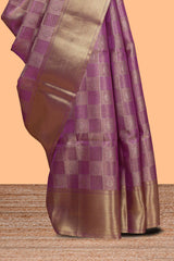 Magenta checked floral motifs design art tissue saree with self zari border and matching blouse