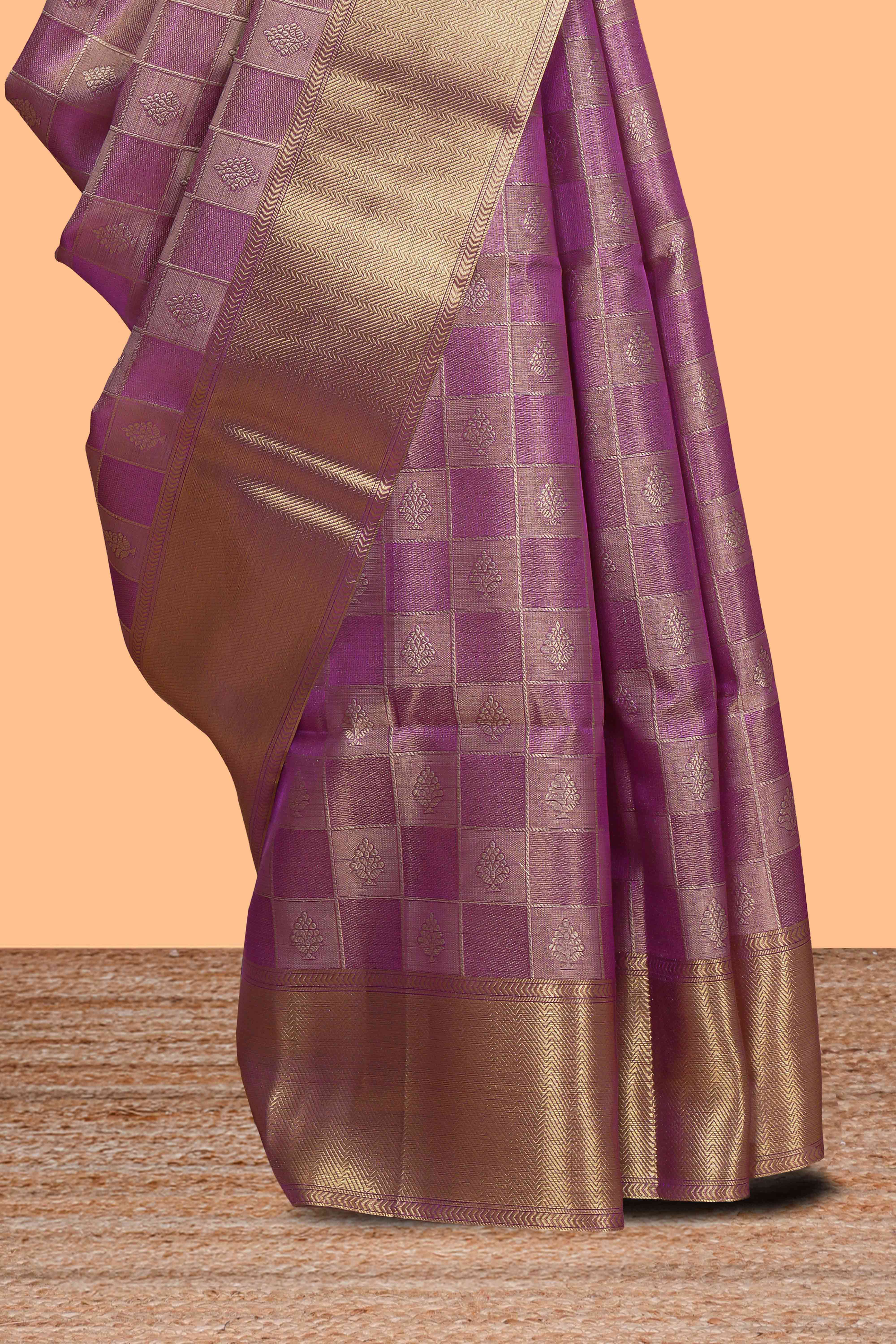 Magenta checked floral motifs design art tissue saree with self zari border and matching blouse
