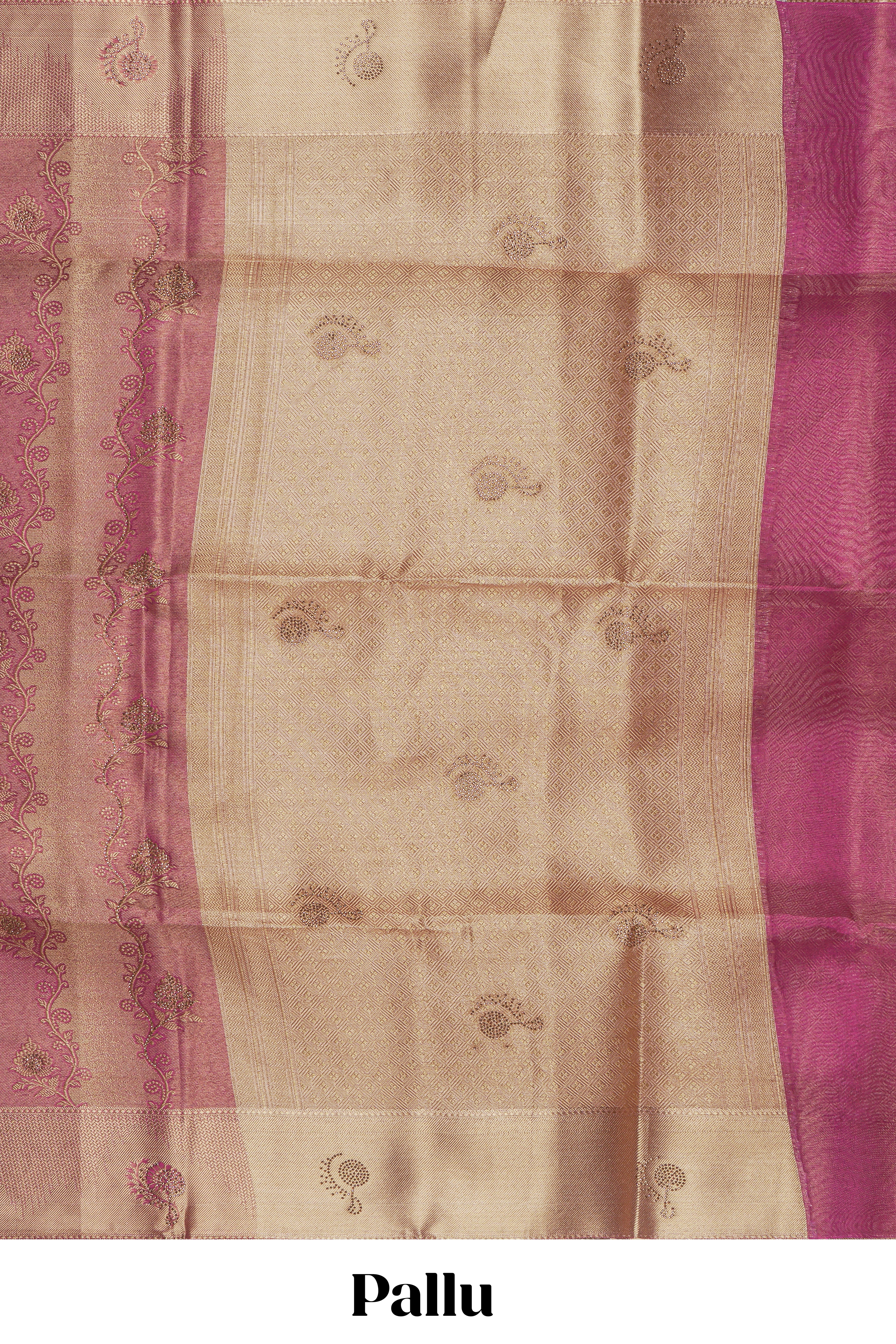 Pink floral vine design art tissue saree with self zari border and contrast blouse