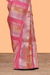 Borderless pink striped zari motifs art tissue saree with self pallu and matching blouse