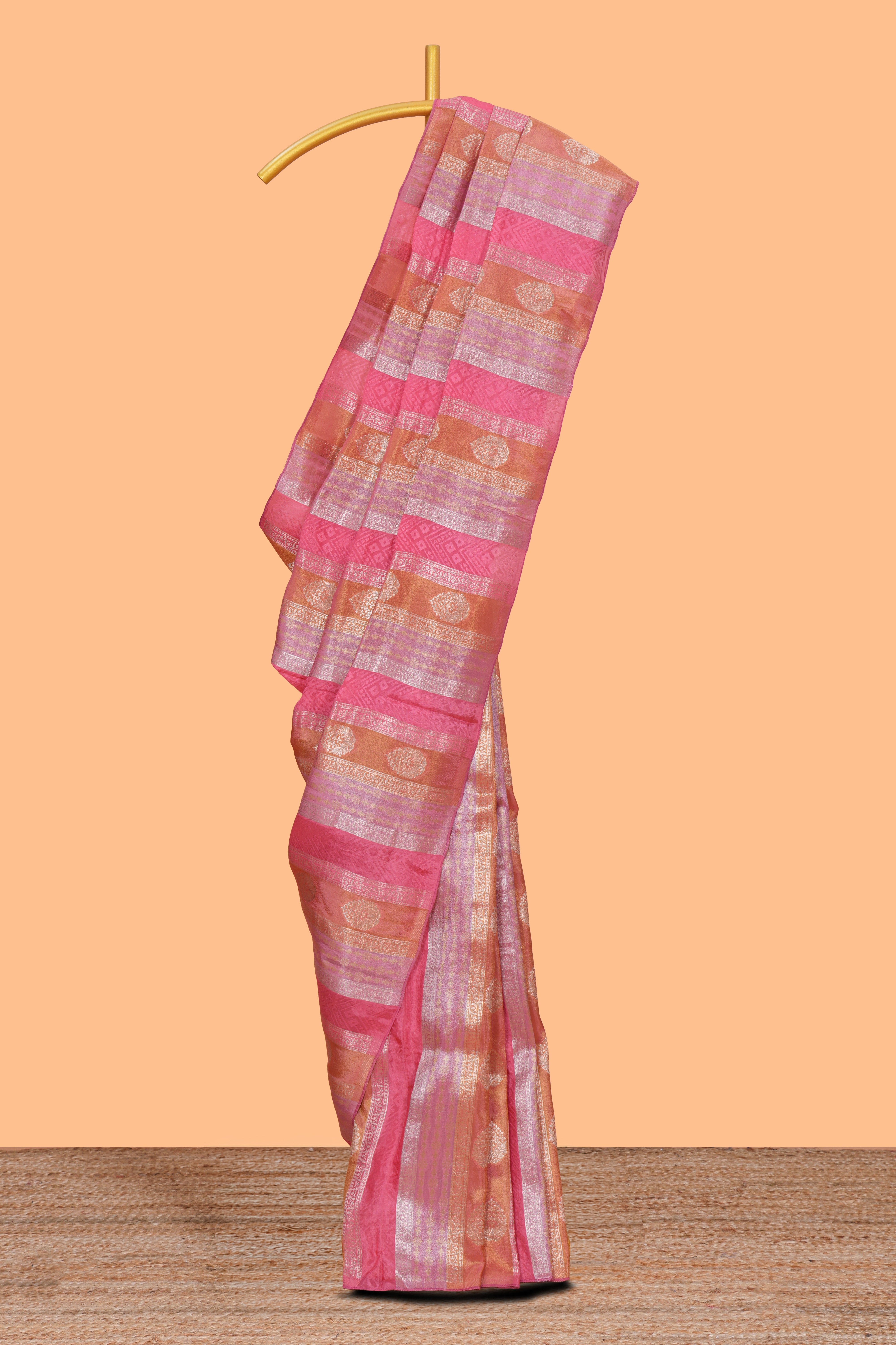 Borderless pink striped zari motifs art tissue saree with self pallu and matching blouse