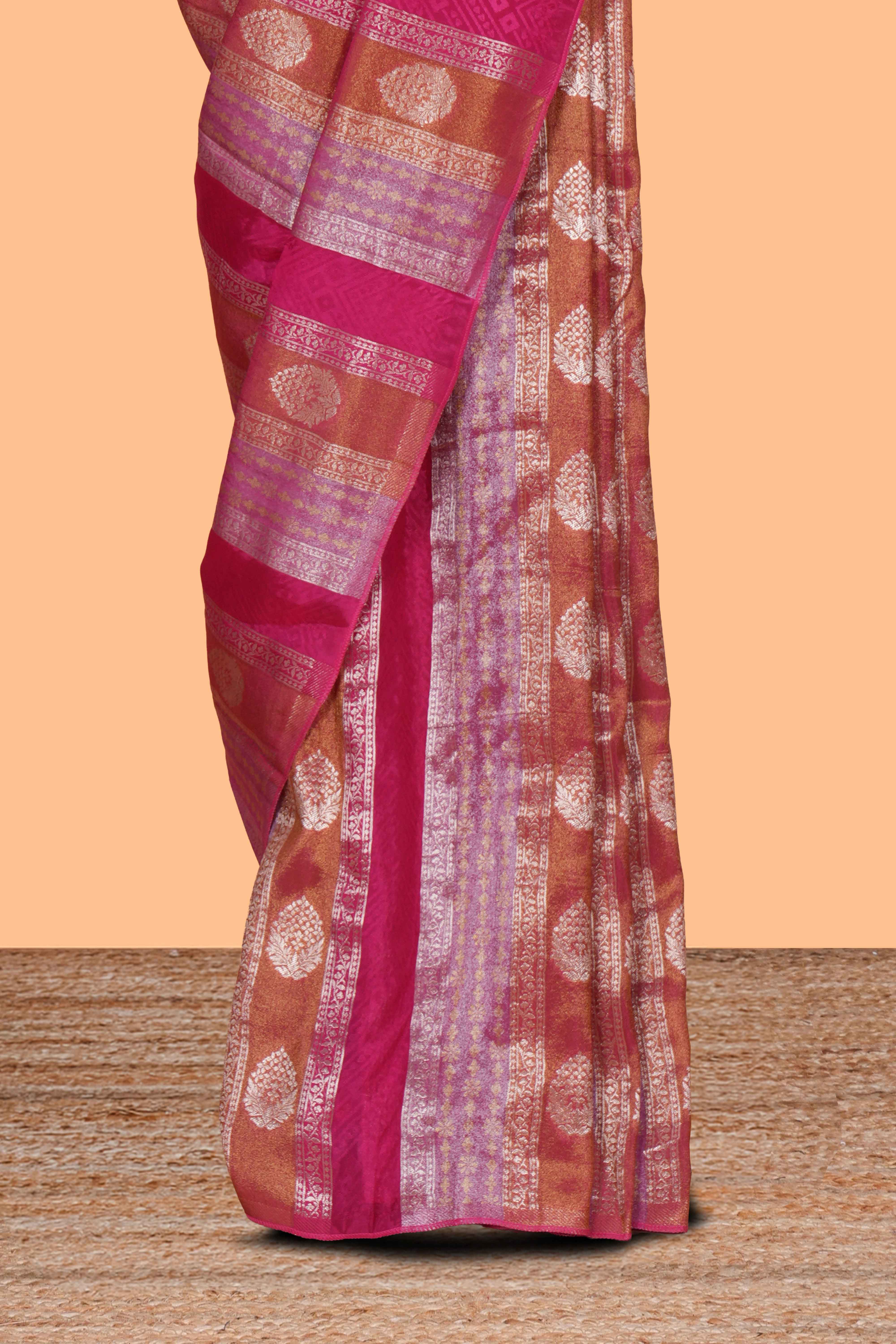 Borderless maroon striped zari motifs art tissue saree with self pallu and matching blouse