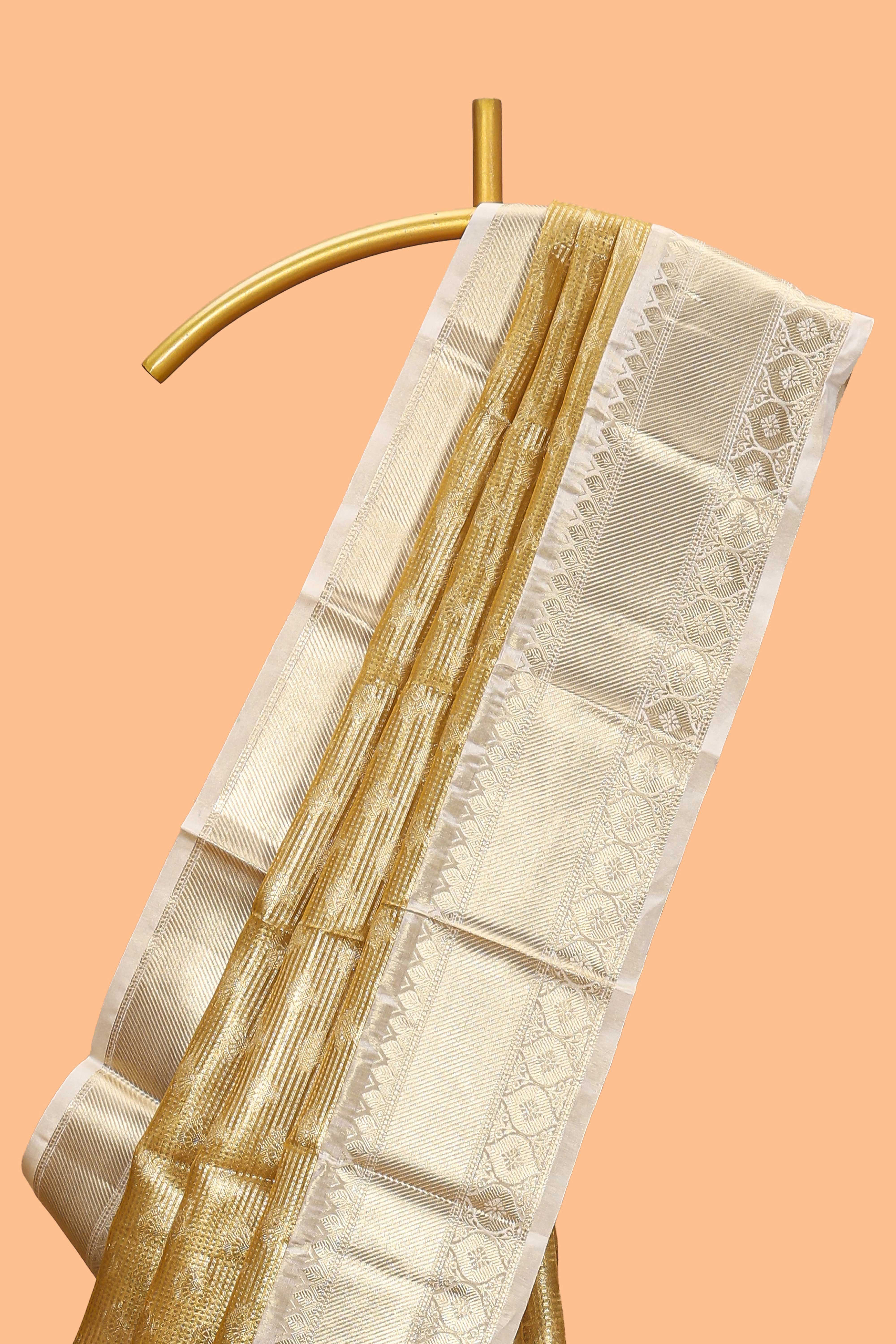 Golden zari motifs design art tissue saree with contrast zari border and blouse