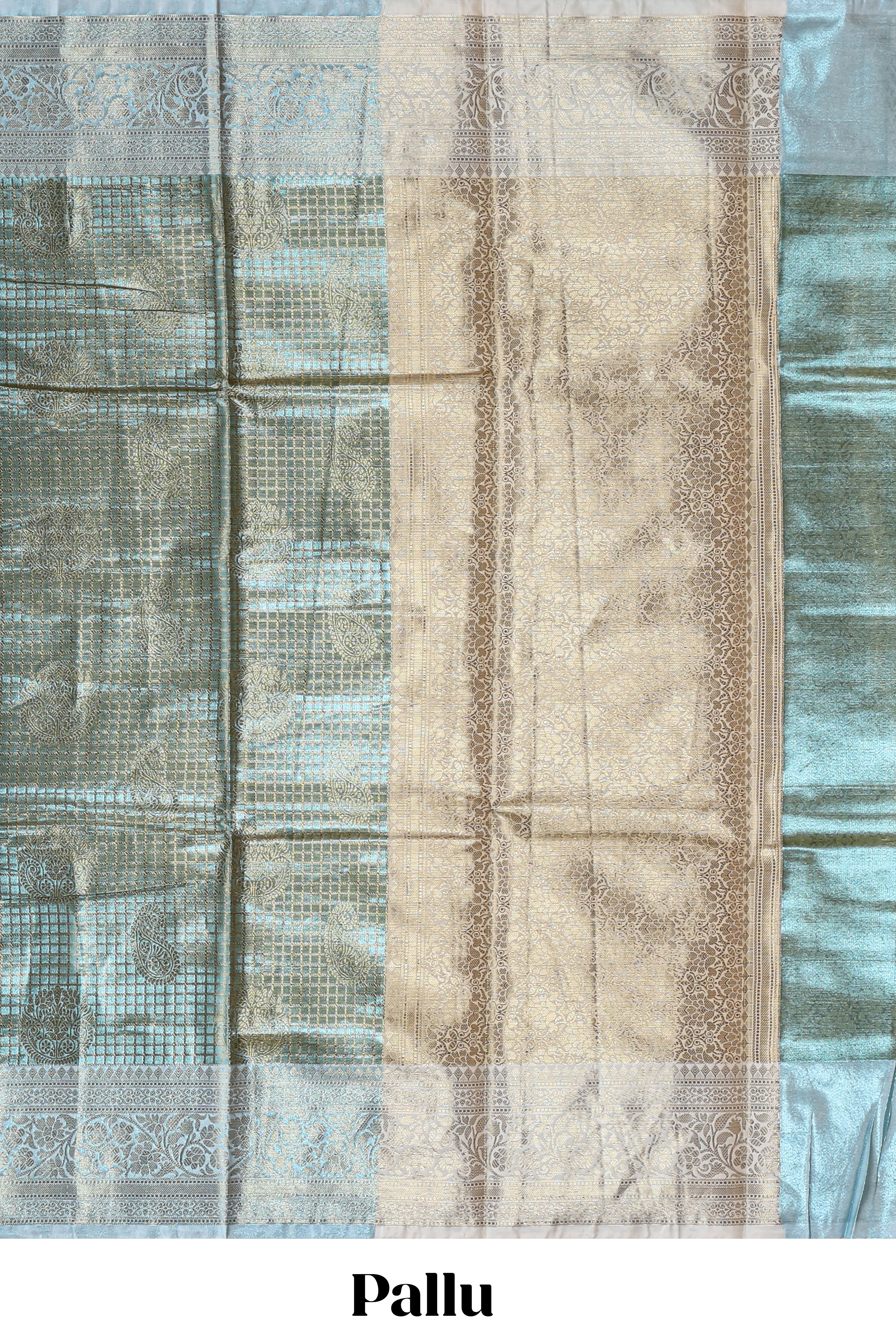 Blue checked zari motifs design art tissue saree with Self zari border and contrast blouse