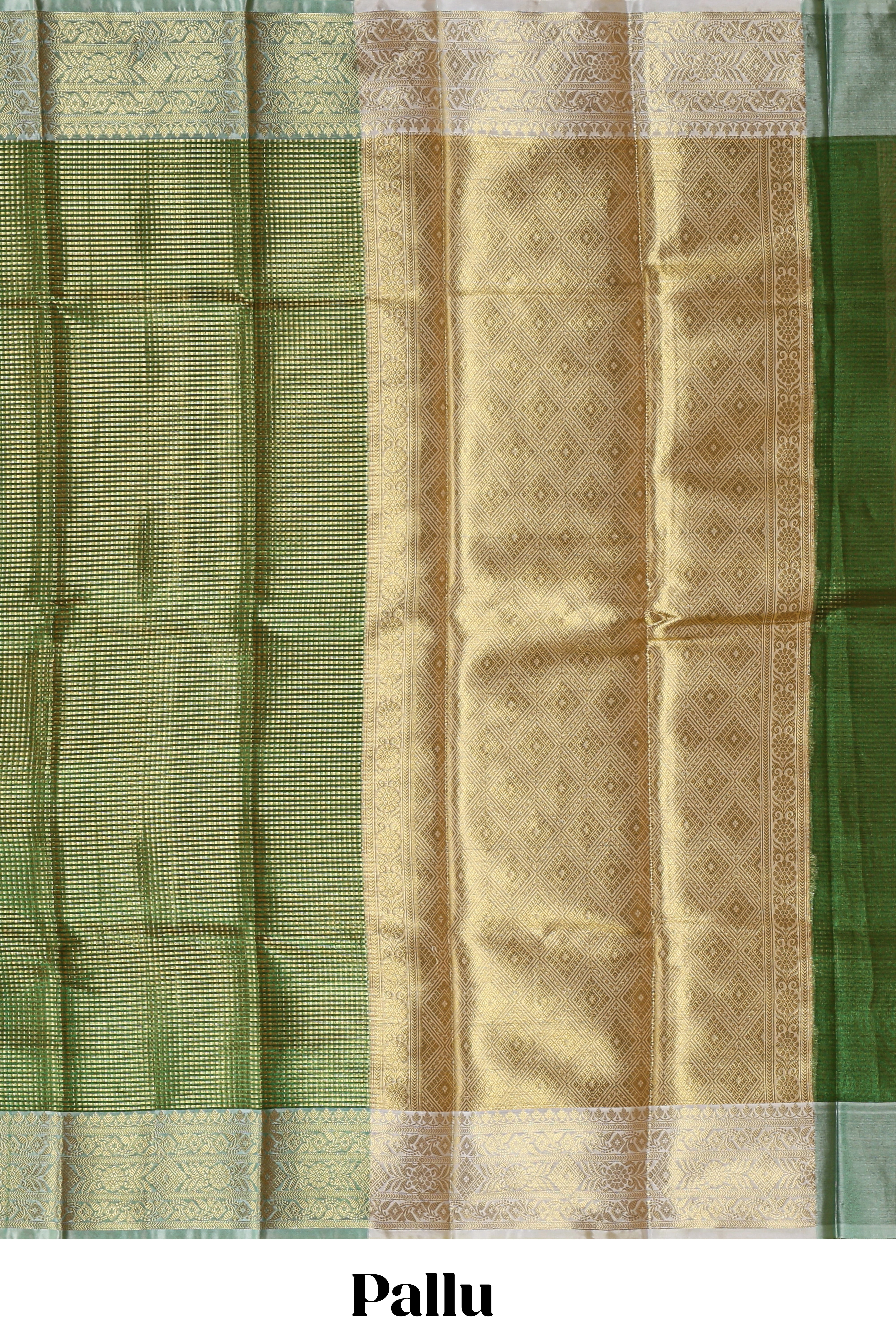 Green zari design art tissue saree with contrast zari border and motifs blouse