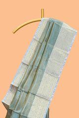 Blue zari design art tissue saree with self zari border and contrast motifs blouse