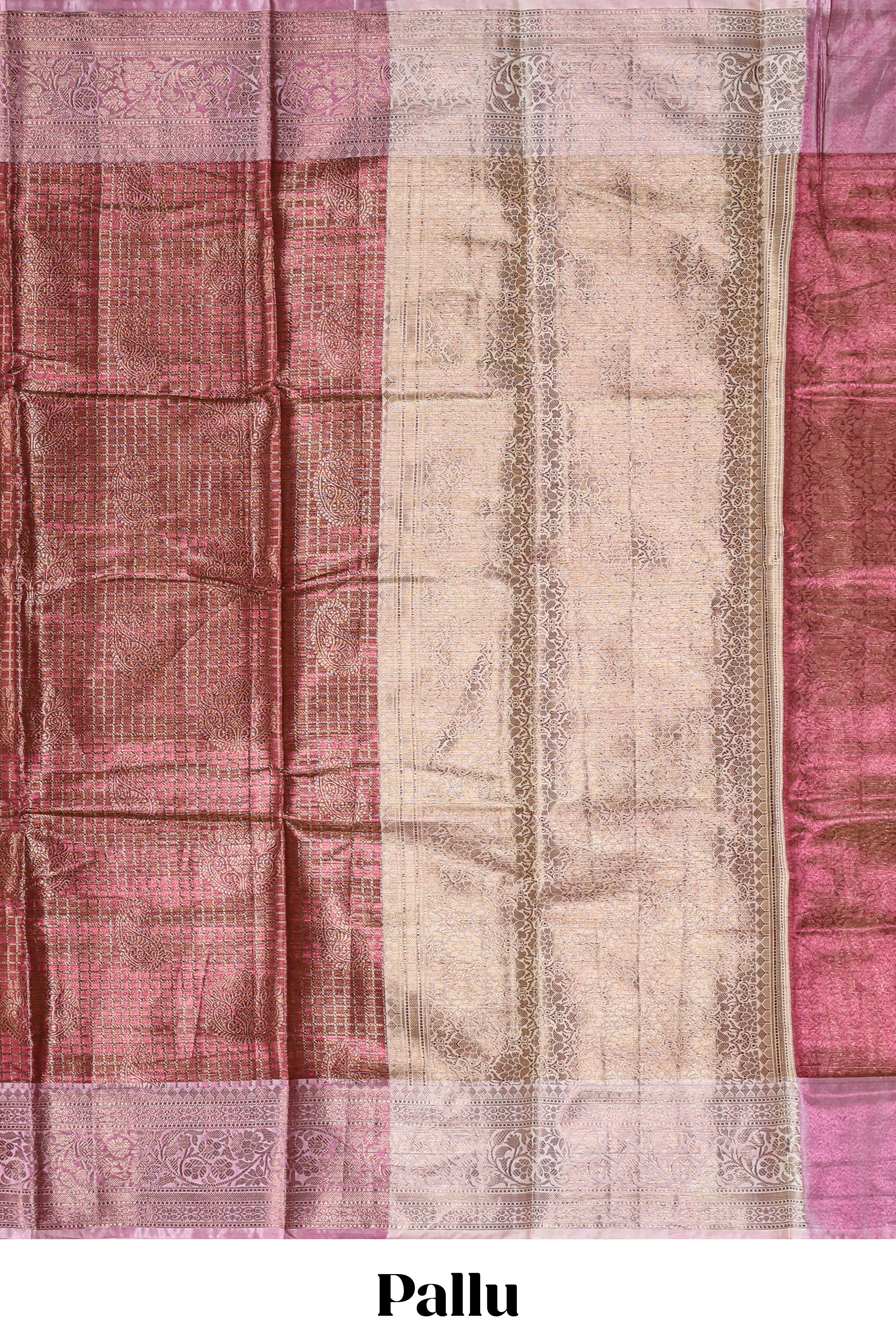 Pink checked zari motifs design art tissue saree with self zari border and contrast motifs blouse