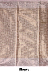 Pink checked zari motifs design art tissue saree with self zari border and contrast motifs blouse
