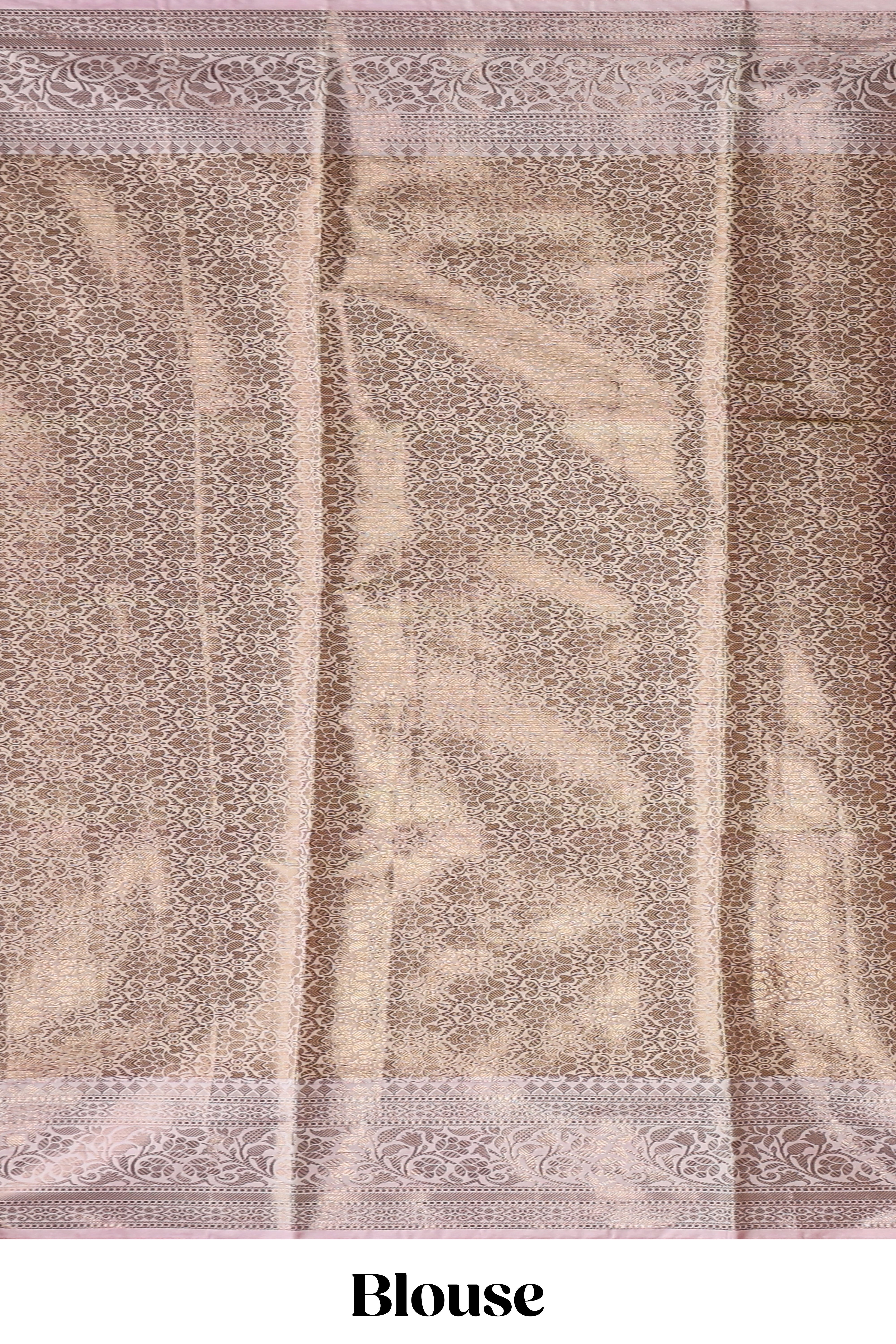 Pink checked zari motifs design art tissue saree with self zari border and contrast motifs blouse