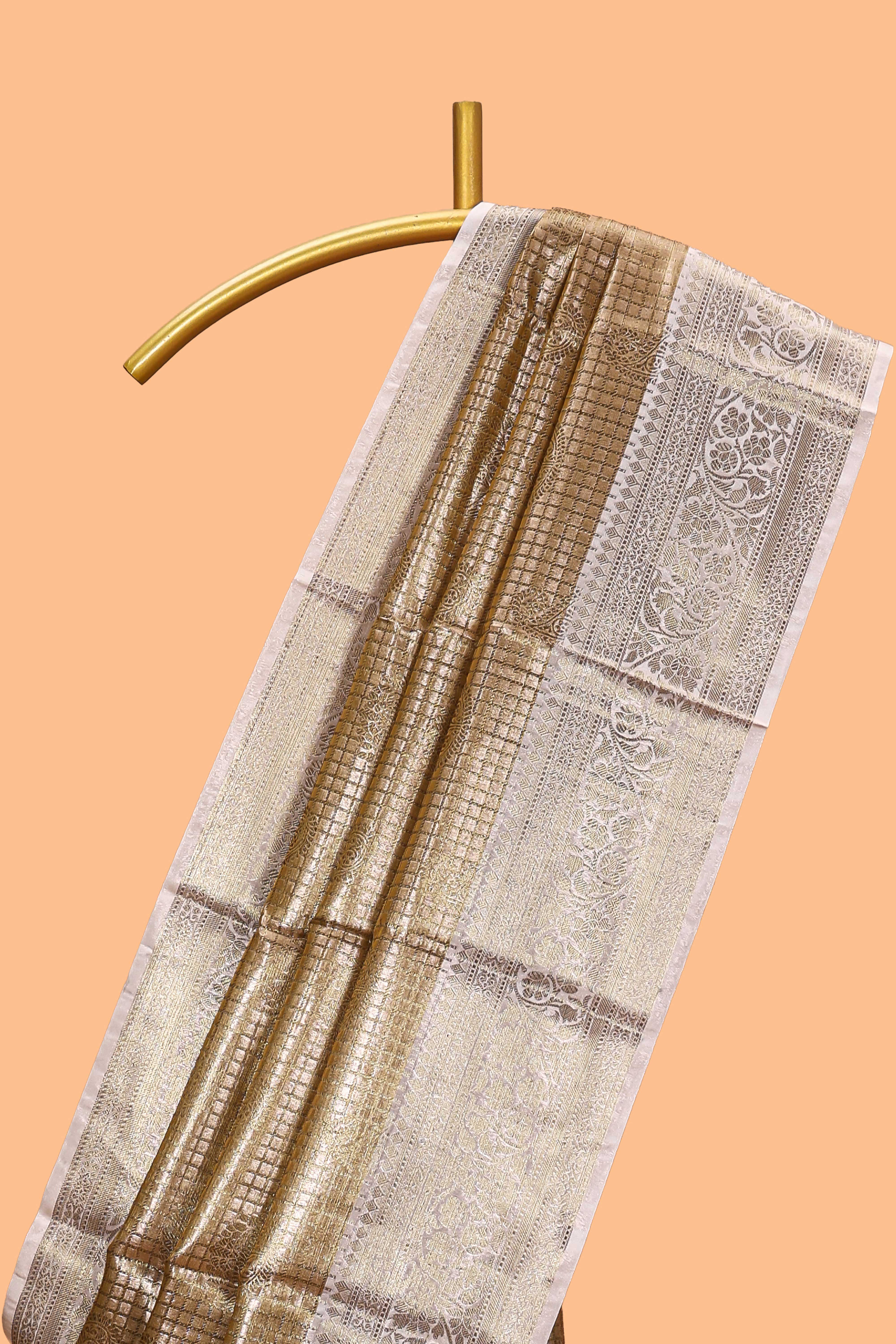 Golden beige checked zari motifs design art tissue saree with contrast zari border and matching printed blouse
