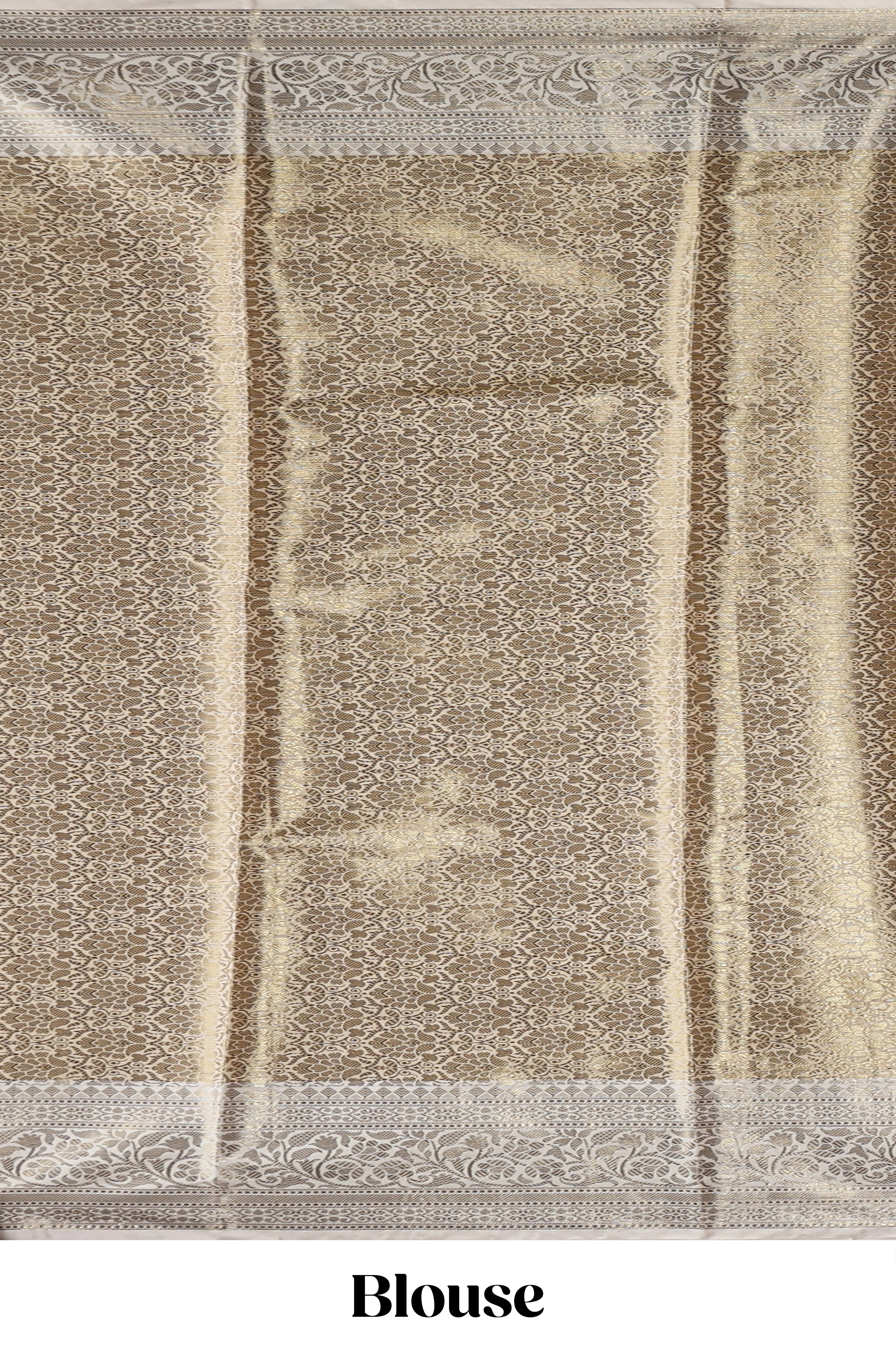 Golden beige checked zari motifs design art tissue saree with contrast zari border and matching printed blouse