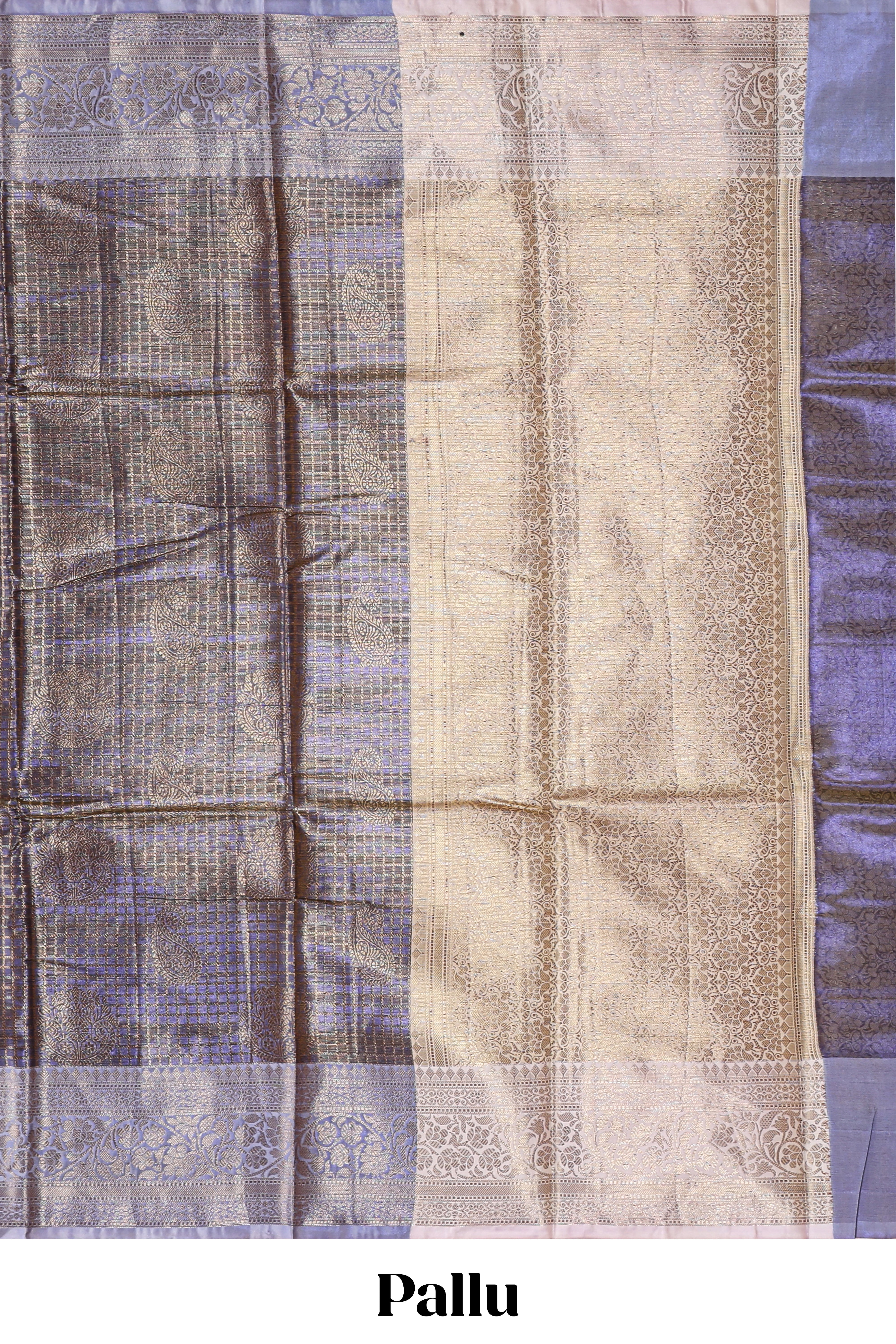 Lavender checked zari motifs design art tissue saree with contrast zari border and matching printed blouse