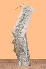 Grey chevron design art tissue saree with self zari border and matching printed blouse