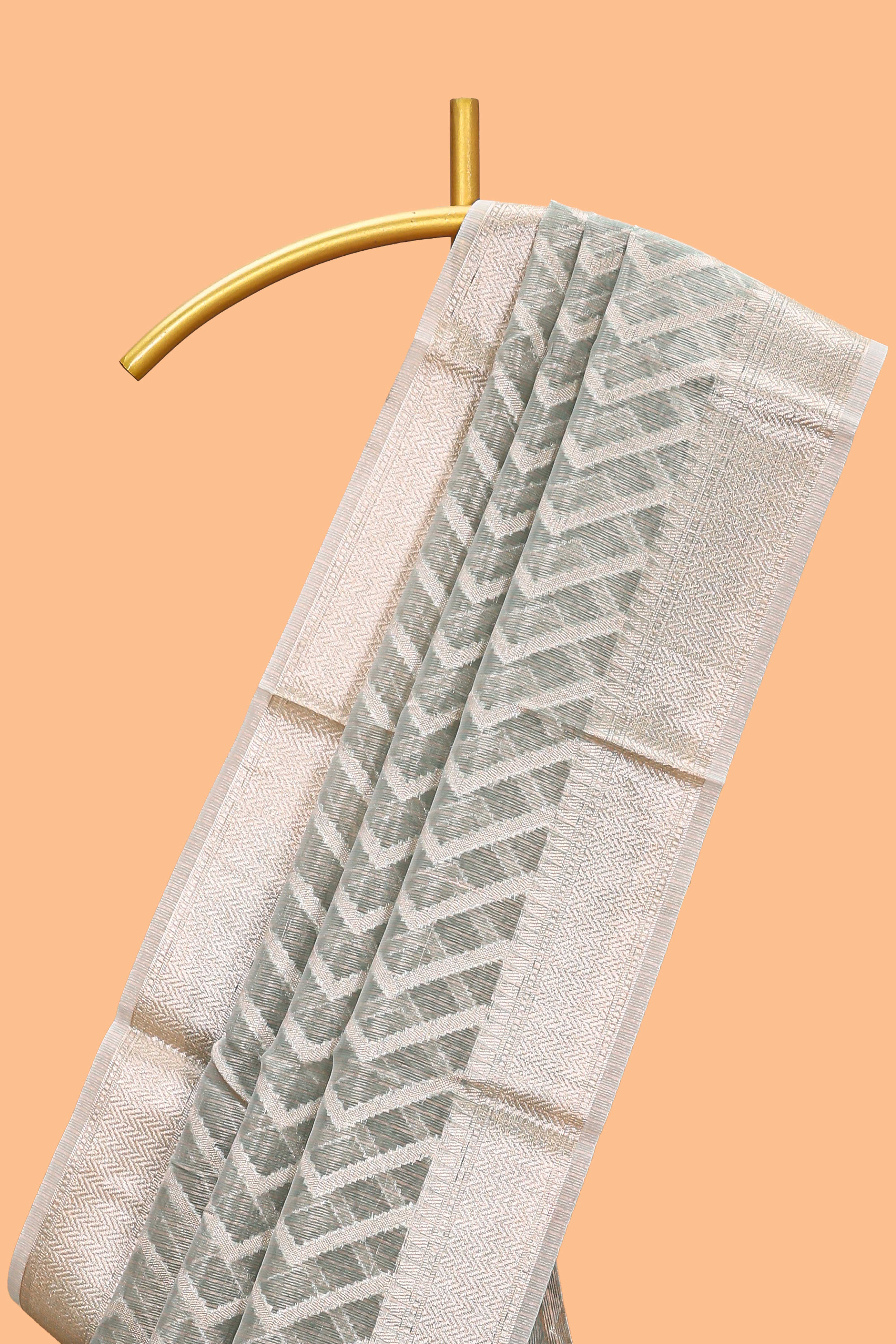 Grey chevron design art tissue saree with self zari border and matching printed blouse