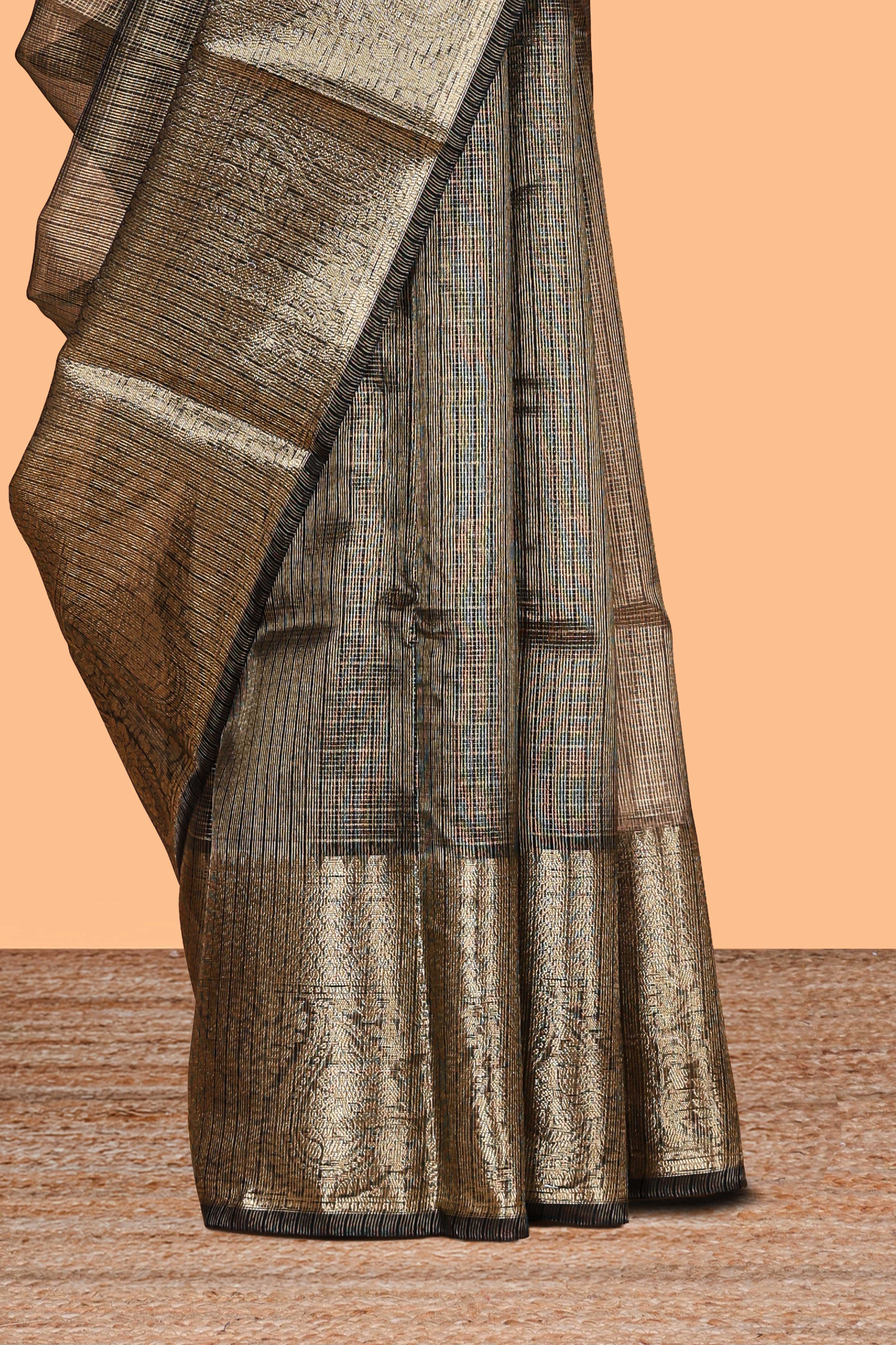Charcoal grey unique zari design art tissue saree with self zari border and matching blouse