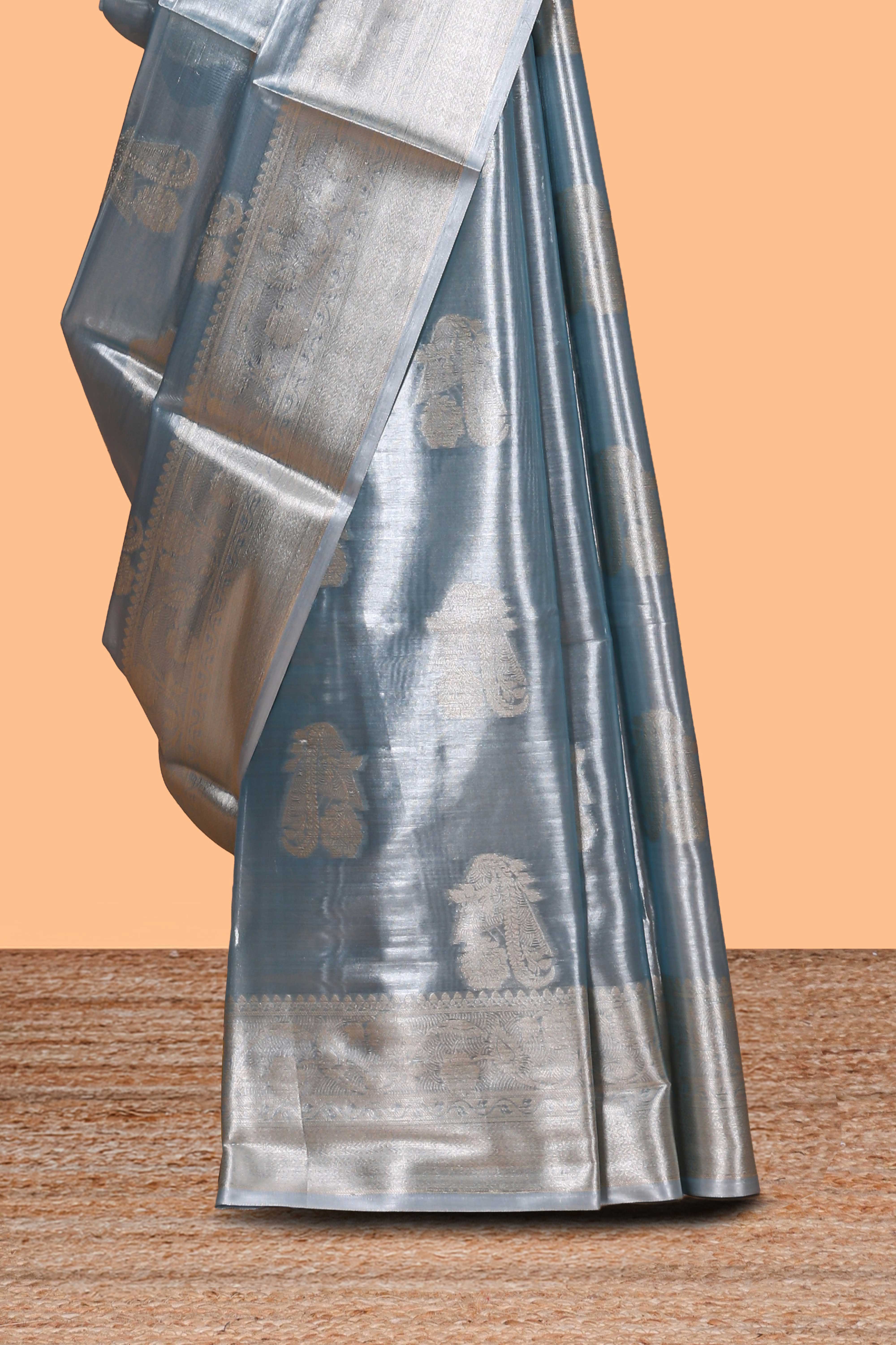 Mauve blue zari motifs design art tissue saree with self zari border and matching blouse