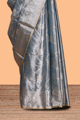 Mauve blue zari floral design art tissue saree with self zari border and matching blouse