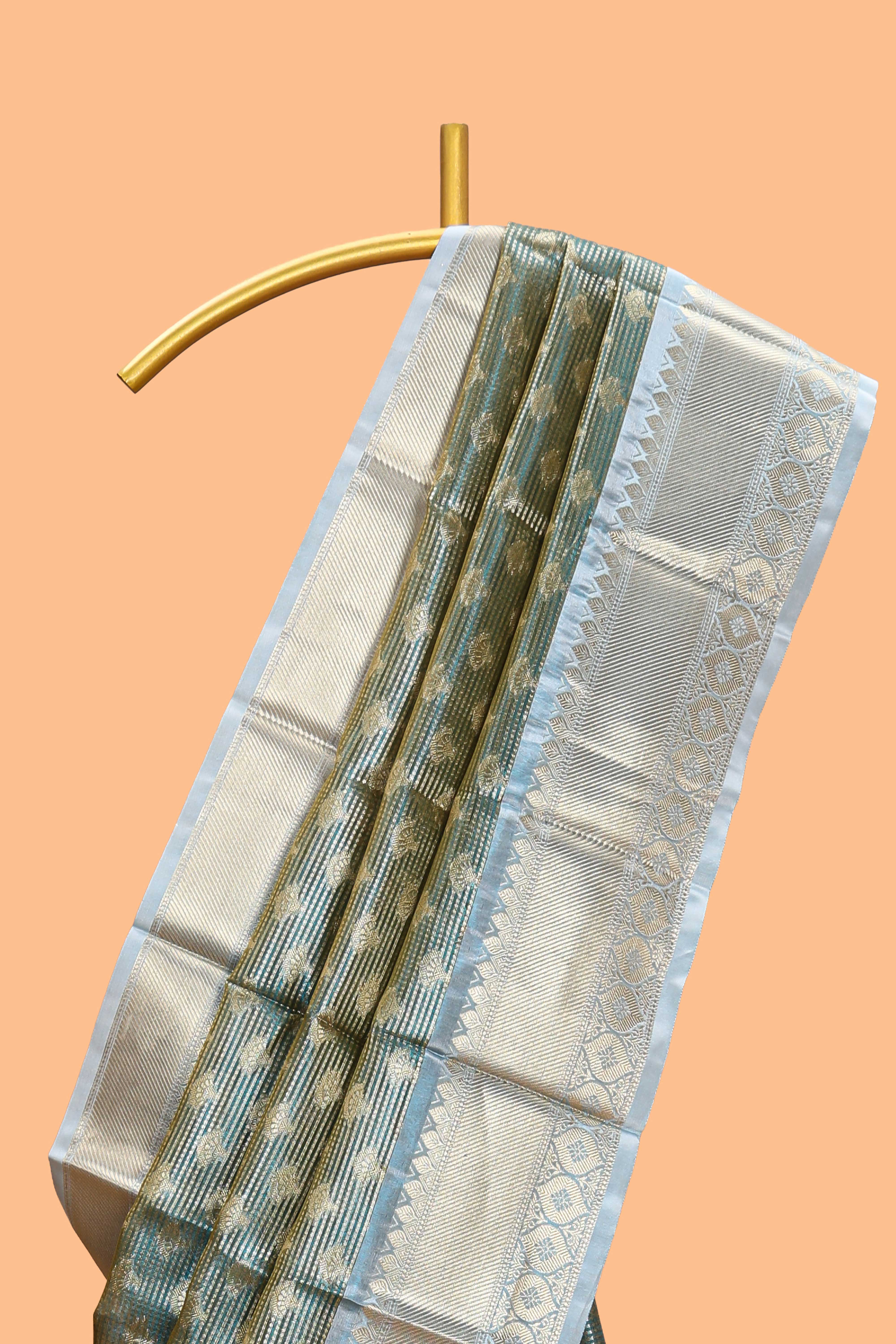 Blue unique design zari motifs art tissue saree with contrast border and blouse