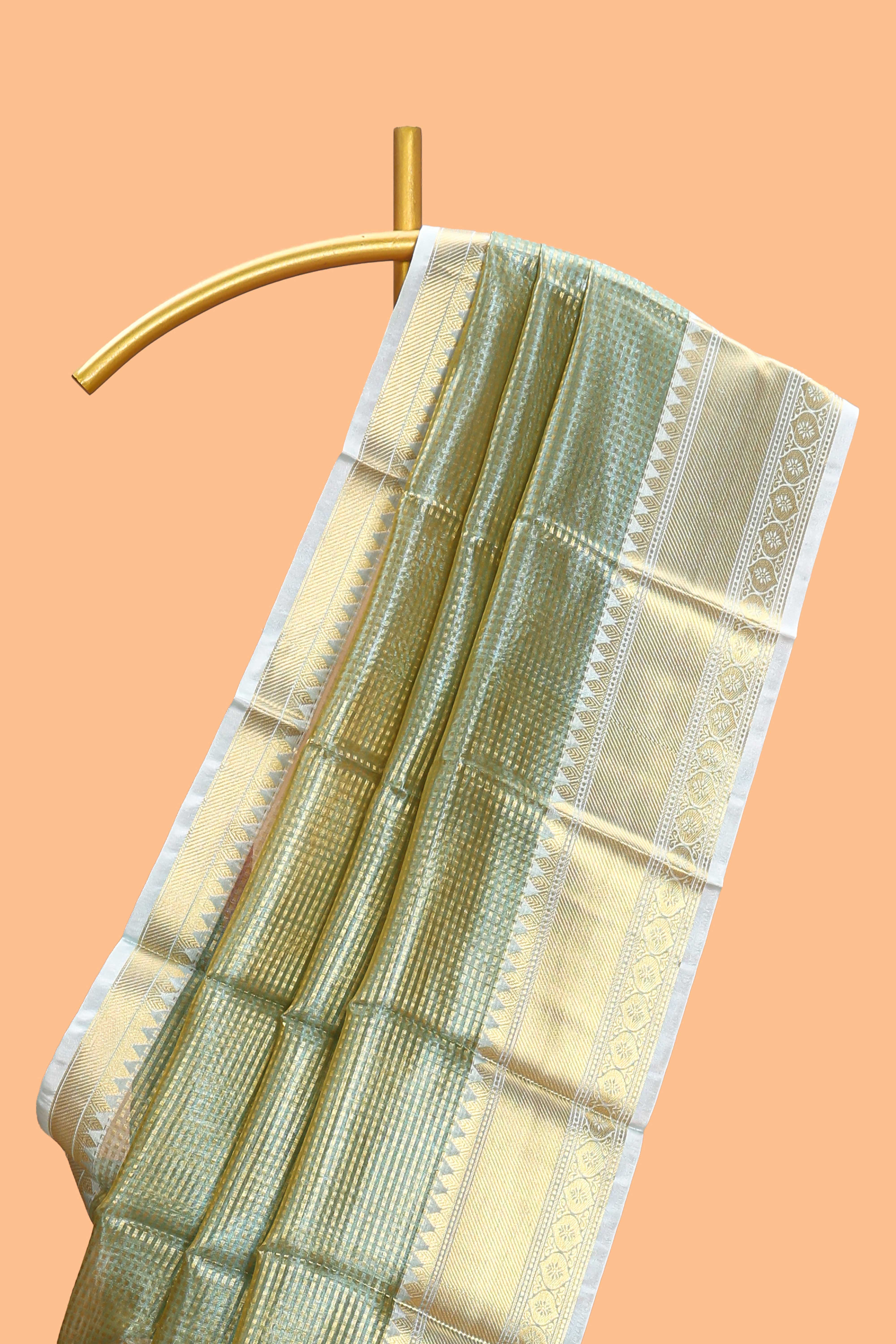 Blue small zari checks design art tissue saree with contrast border and blouse