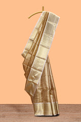 Gold small zari checks design art tissue saree with contrast border and blouse