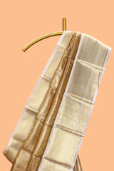 Gold small zari checks design art tissue saree with contrast border and blouse
