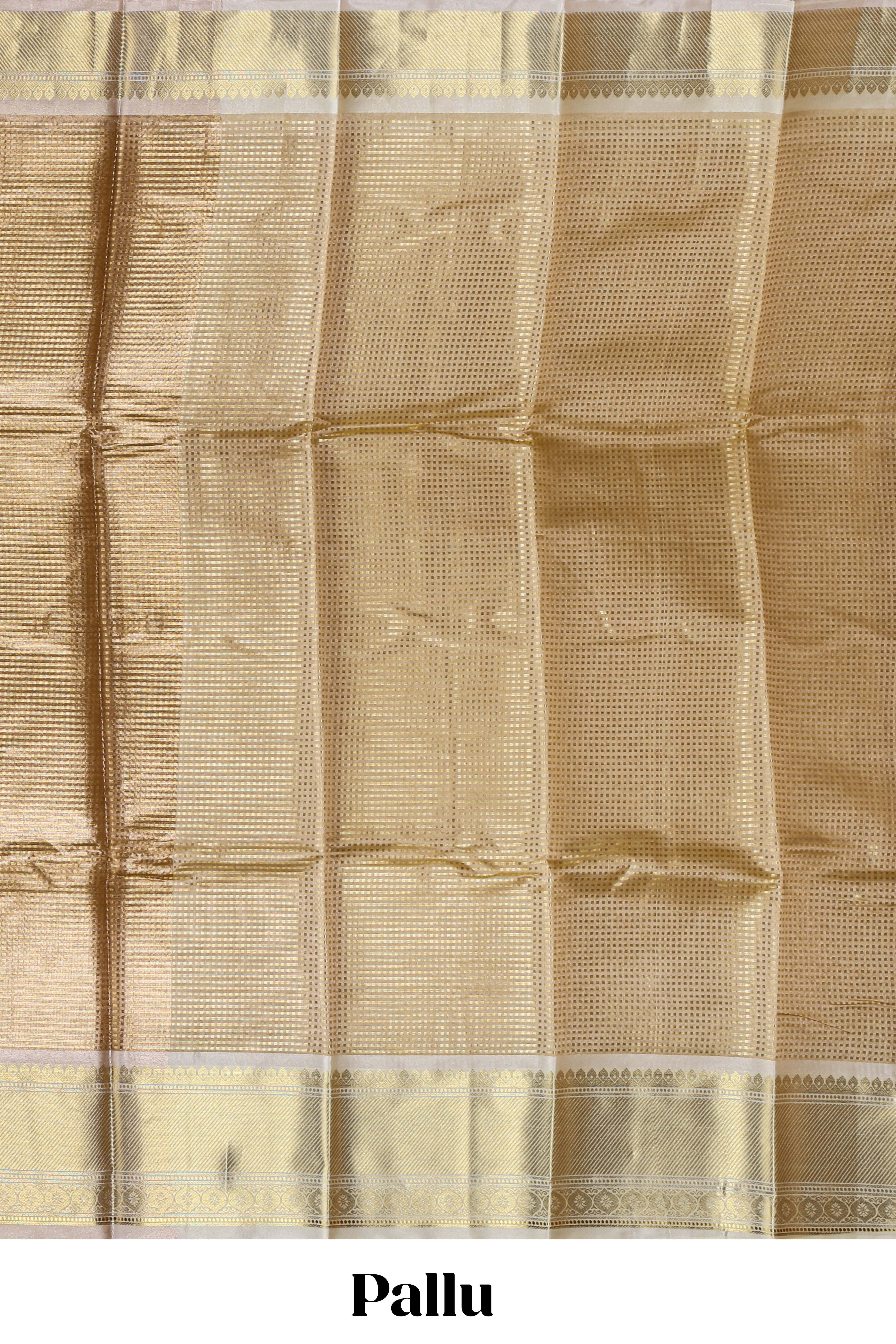 Gold small zari checks design art tissue saree with contrast border and blouse