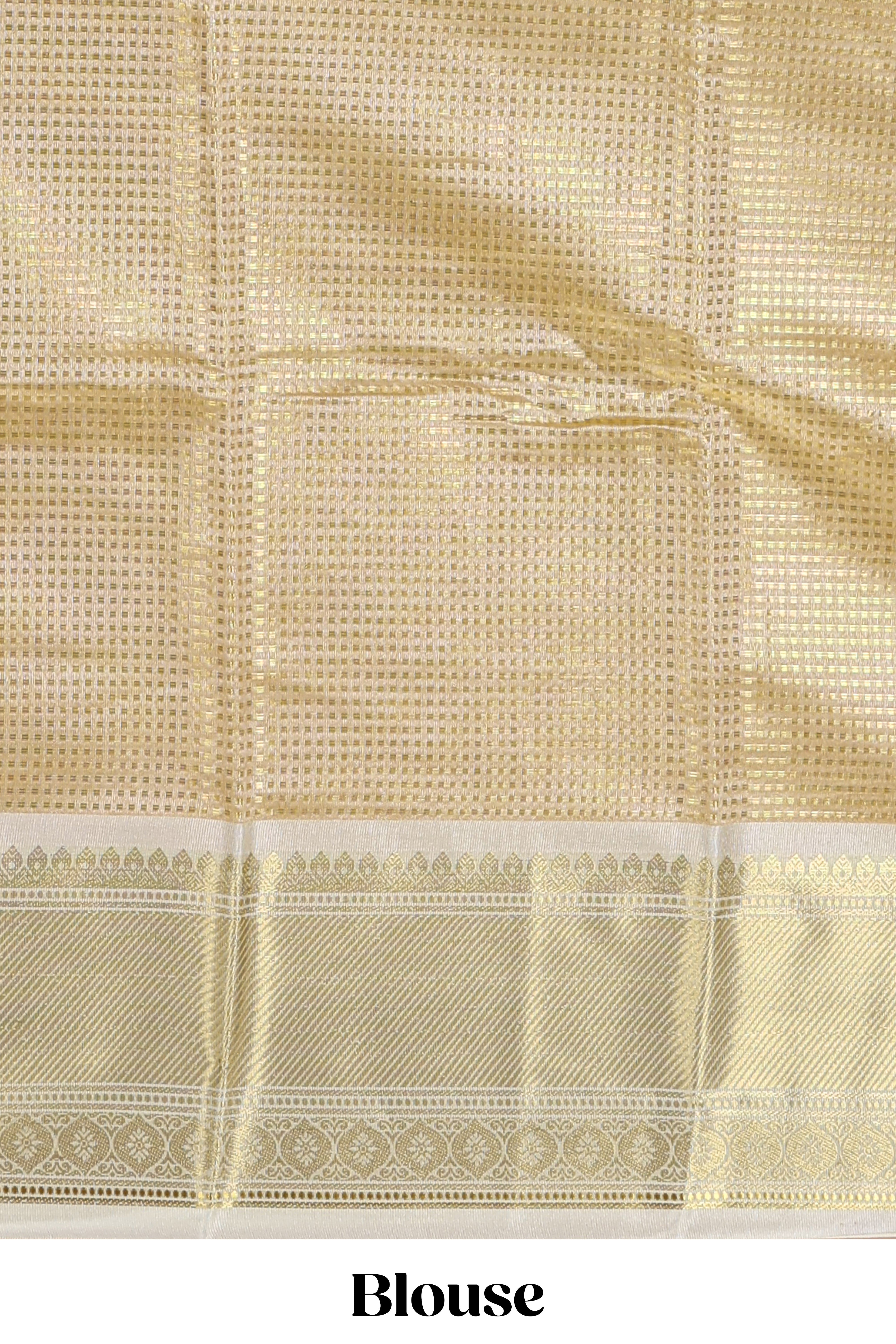 Gold small zari checks design art tissue saree with contrast border and blouse
