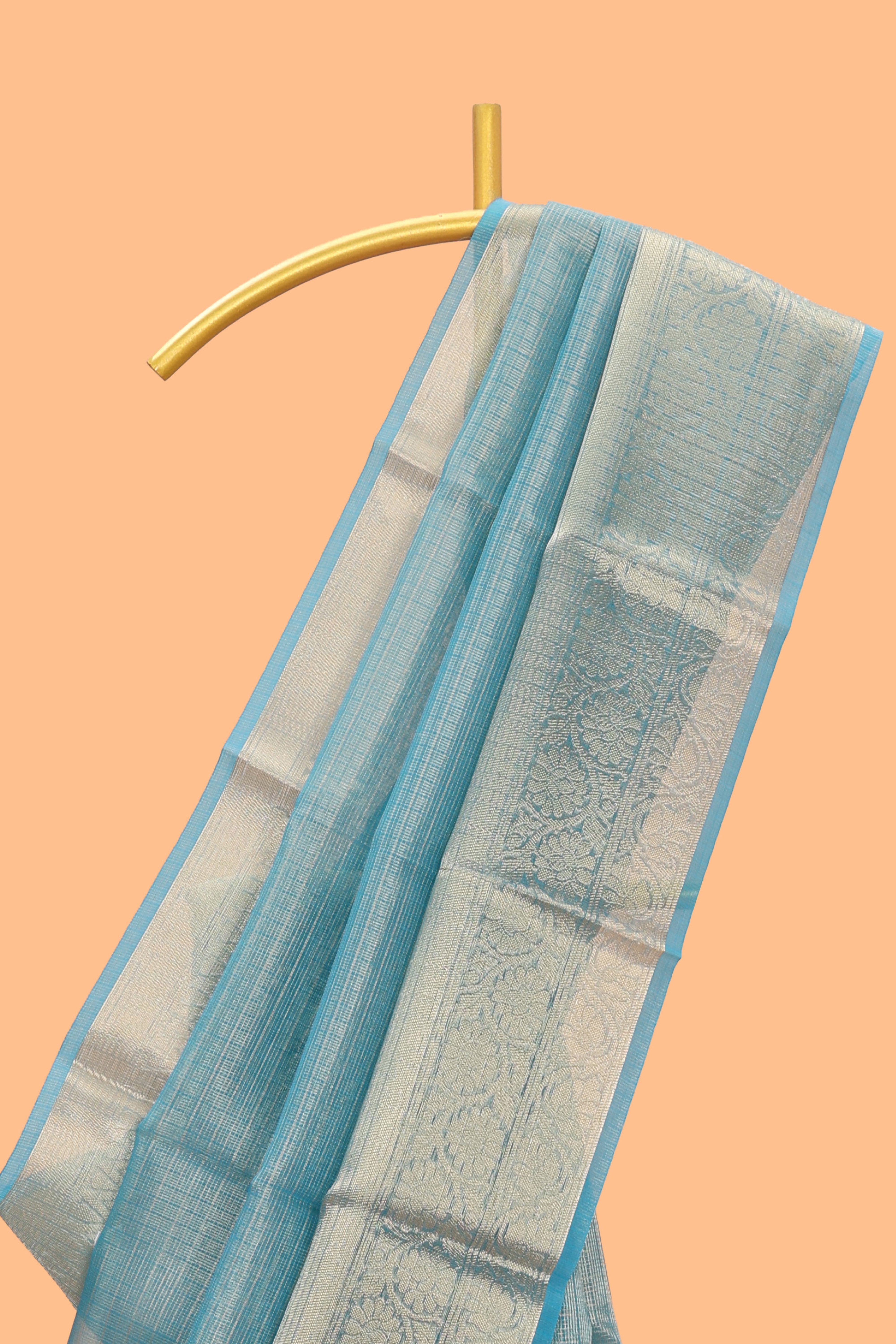 Teal blue Checked art tissue saree with floral zari border and contrast blouse