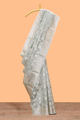 Silver sage green floral design art tissue saree with silver zari border and blouse