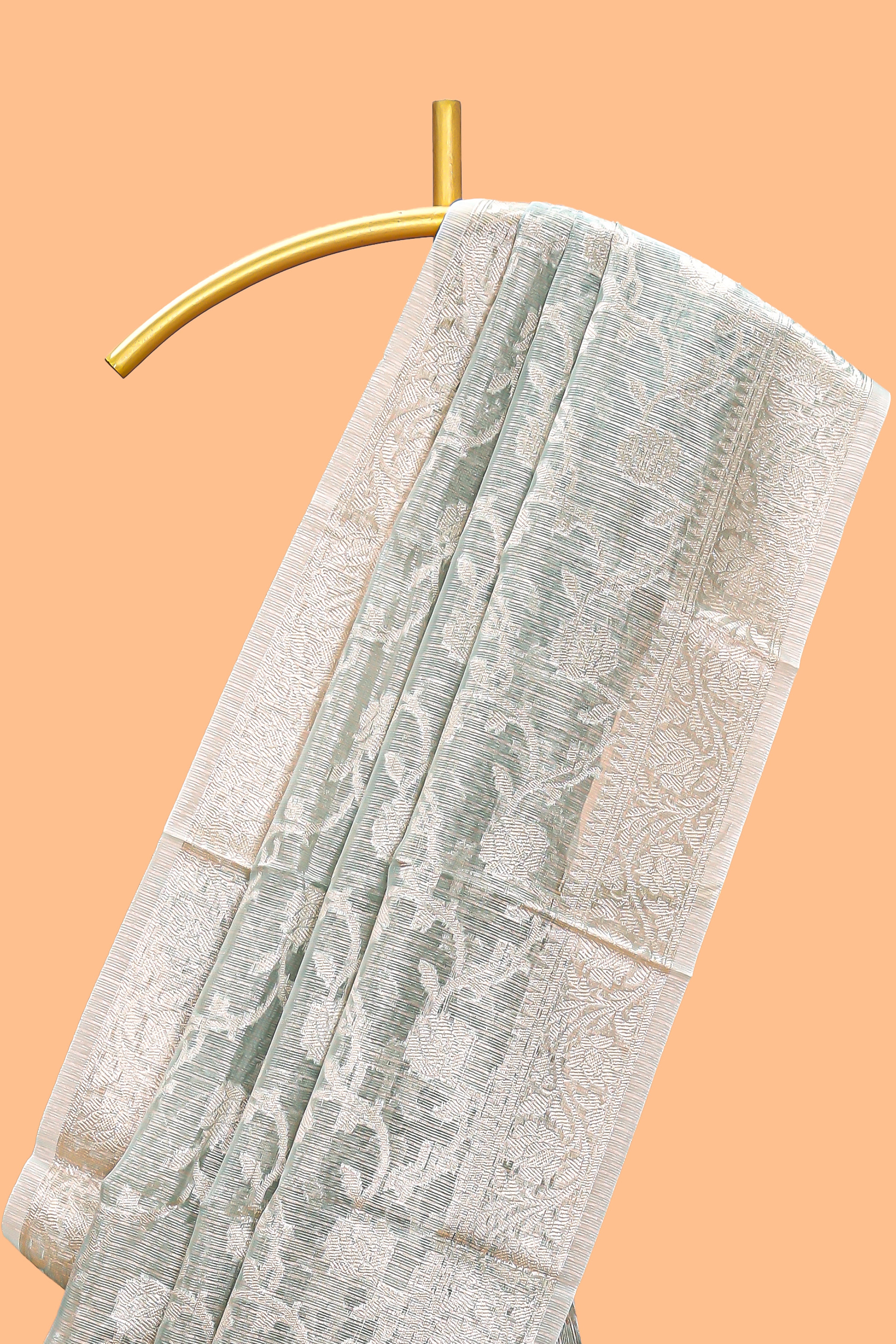 Silver sage green floral design art tissue saree with silver zari border and blouse