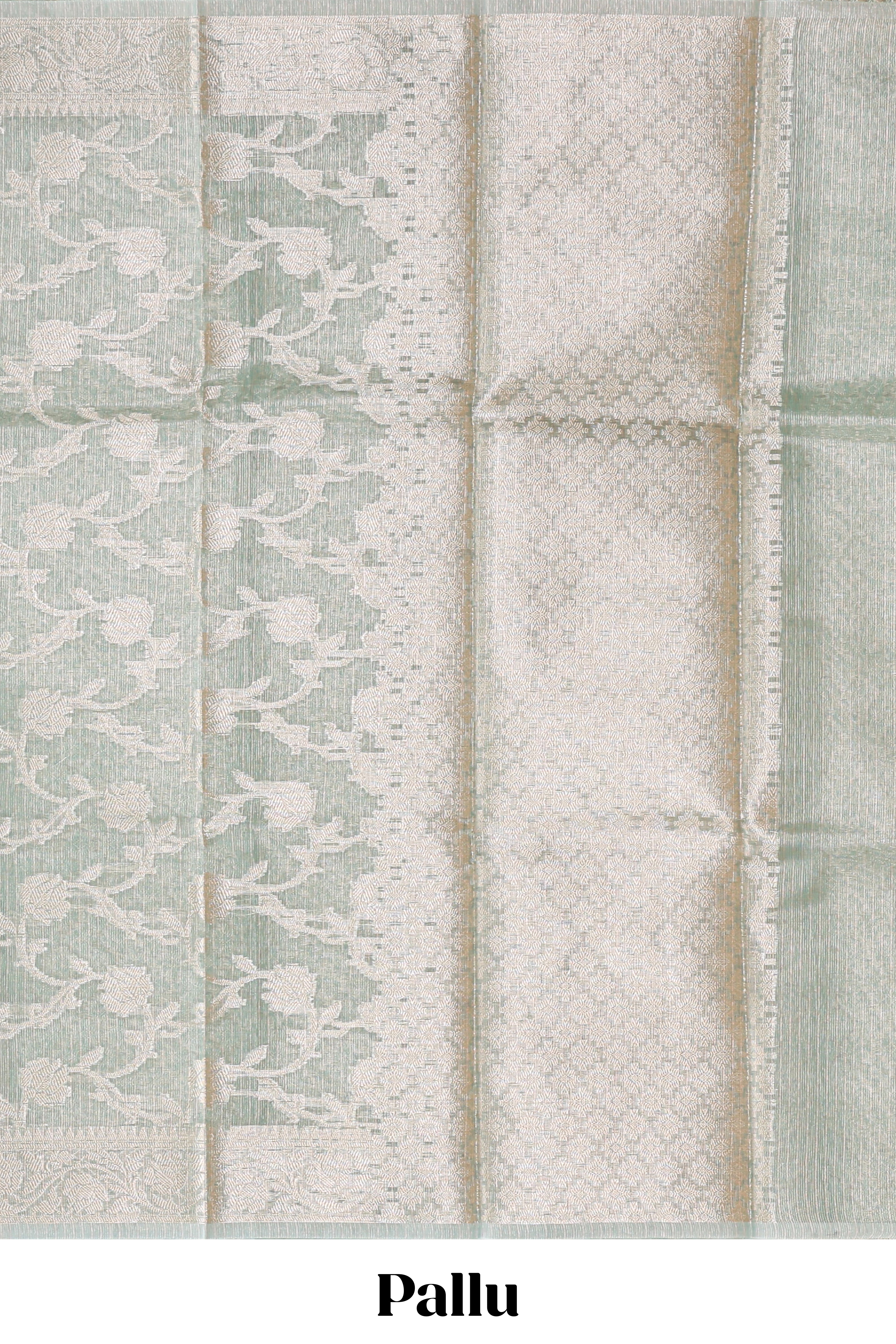 Silver sage green floral design art tissue saree with silver zari border and blouse