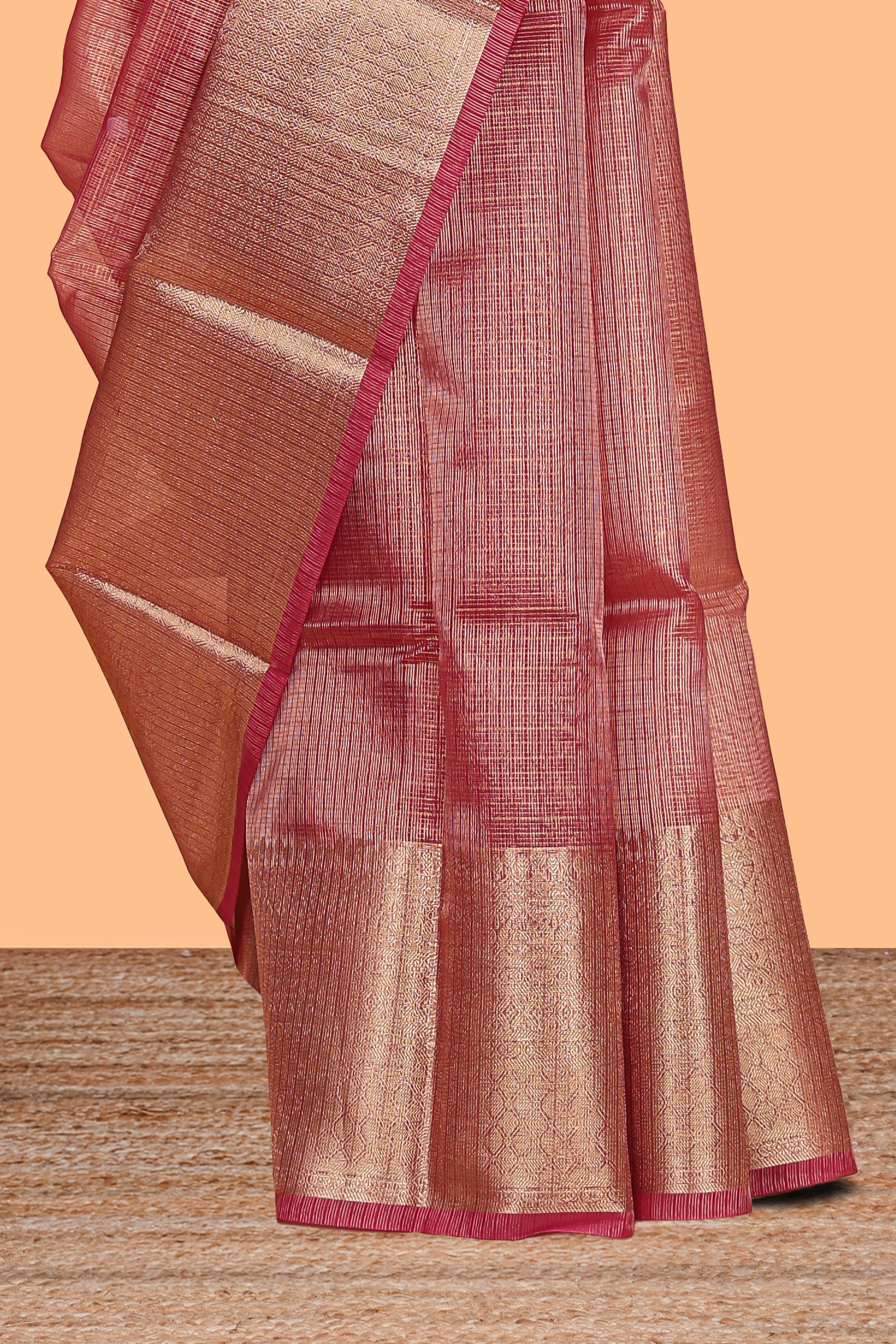 Glossy Maroon checked art tissue saree with self zari border and contrast blouse