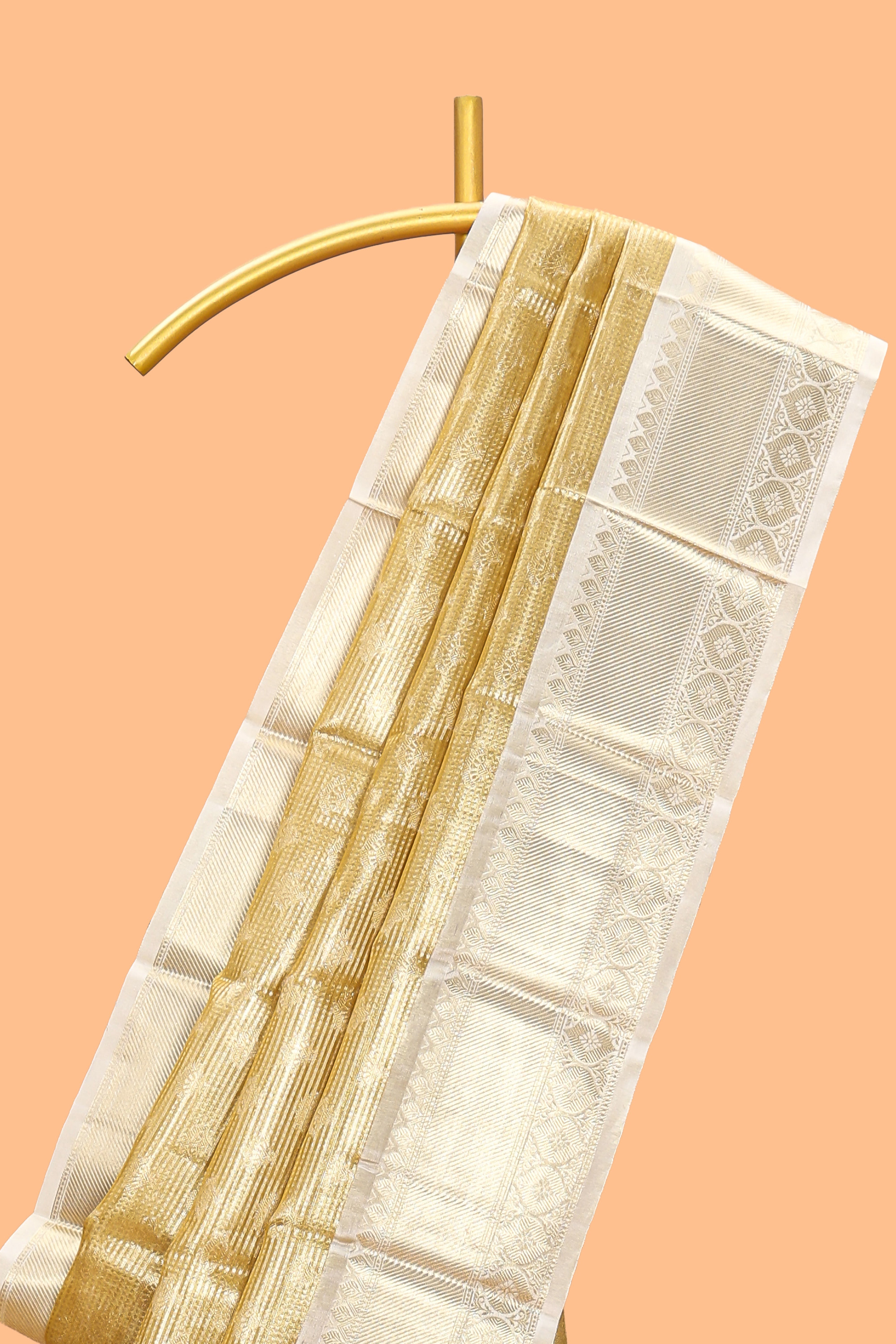 Gold zari motifs art tissue saree with contrast zari border and blouse
